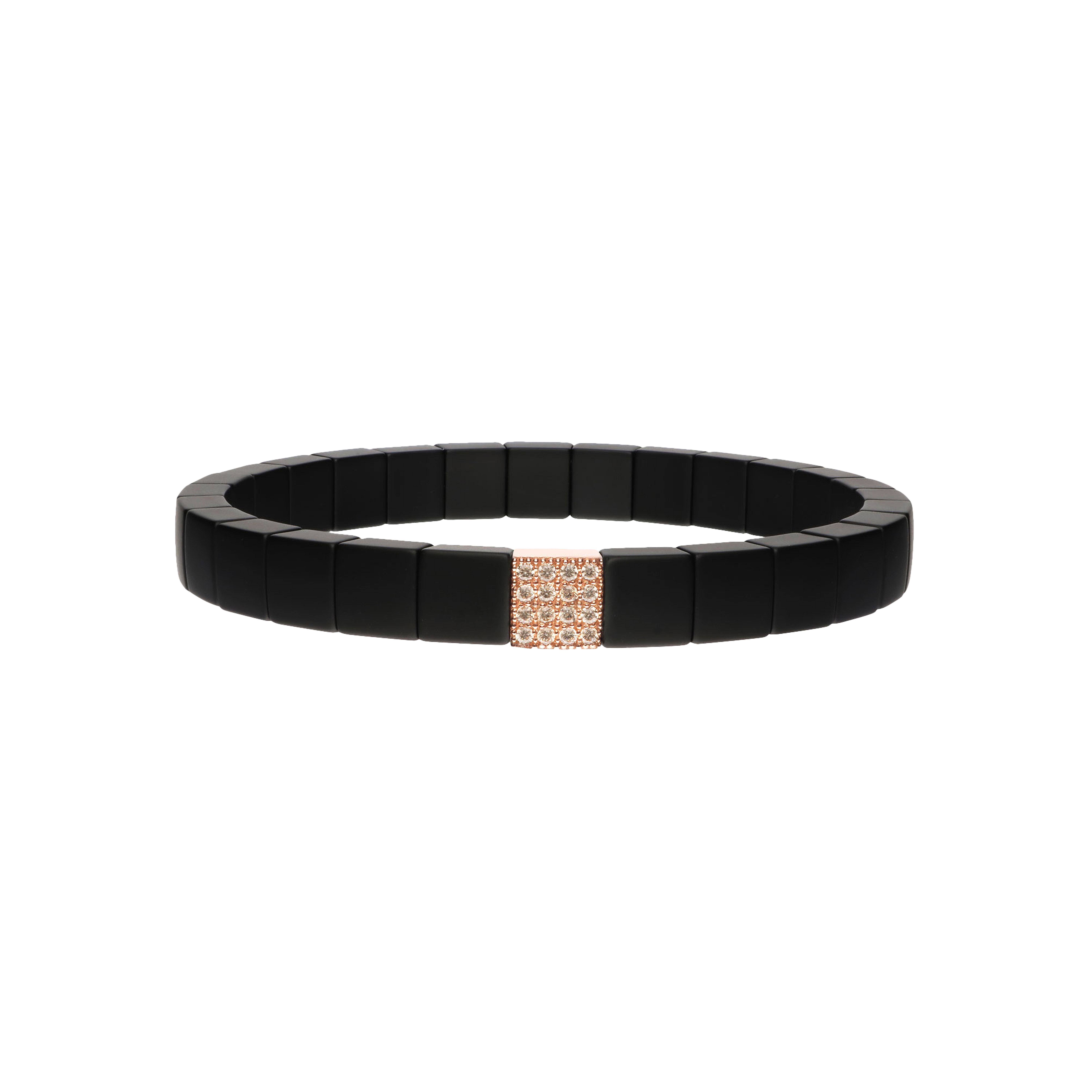 BRACCIALE ELASTICO SCACCO  IN CERAMICA NERA, ORO ROSA E DIAMANTI BROWN - 951N1DBW