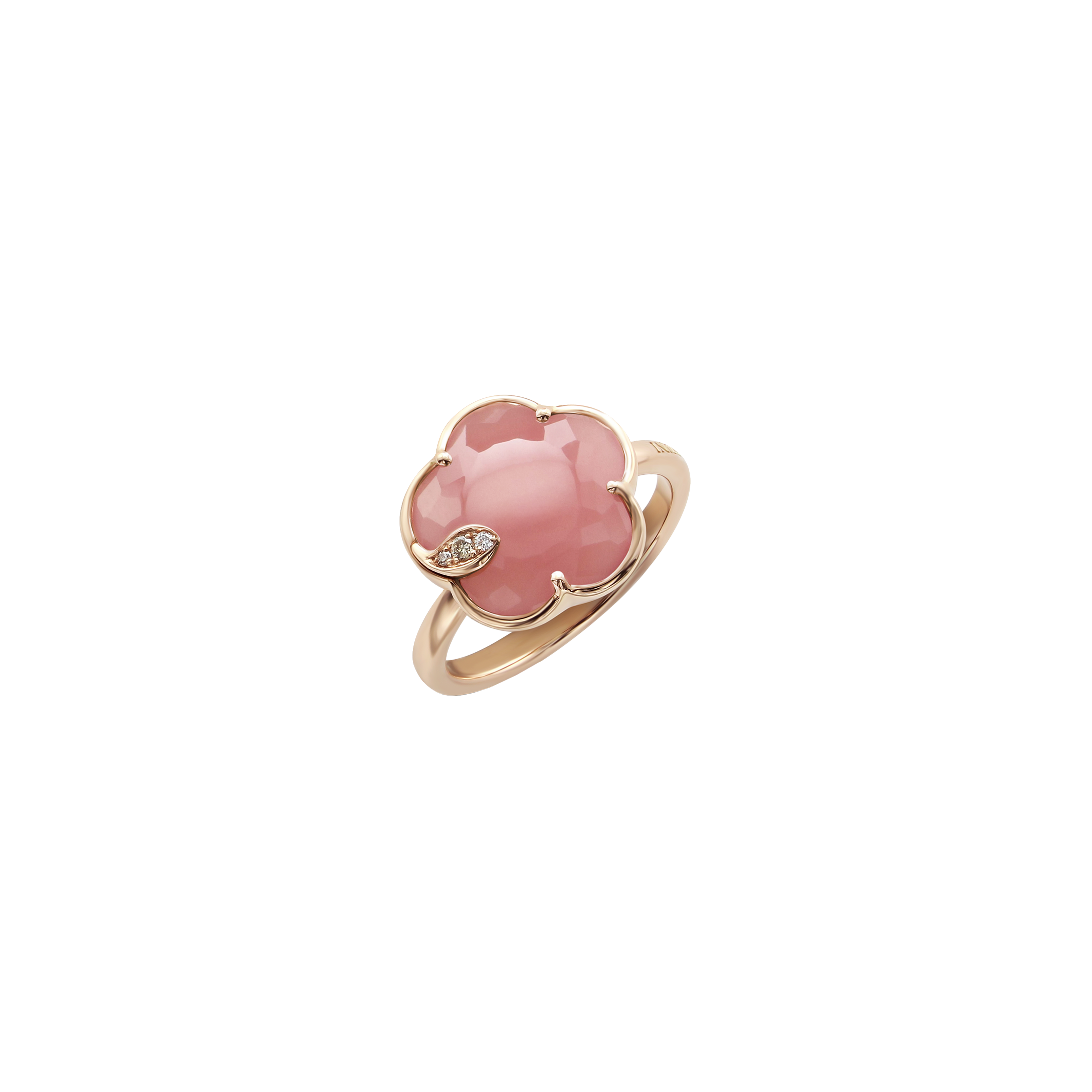 ANELLO PETIT JOLI IN ORO ROSA CON FIORE IN CALCEDONIO ROSA, DIAMANTI BIANCHI E CHAMPAGNE - 16116R - 16116R