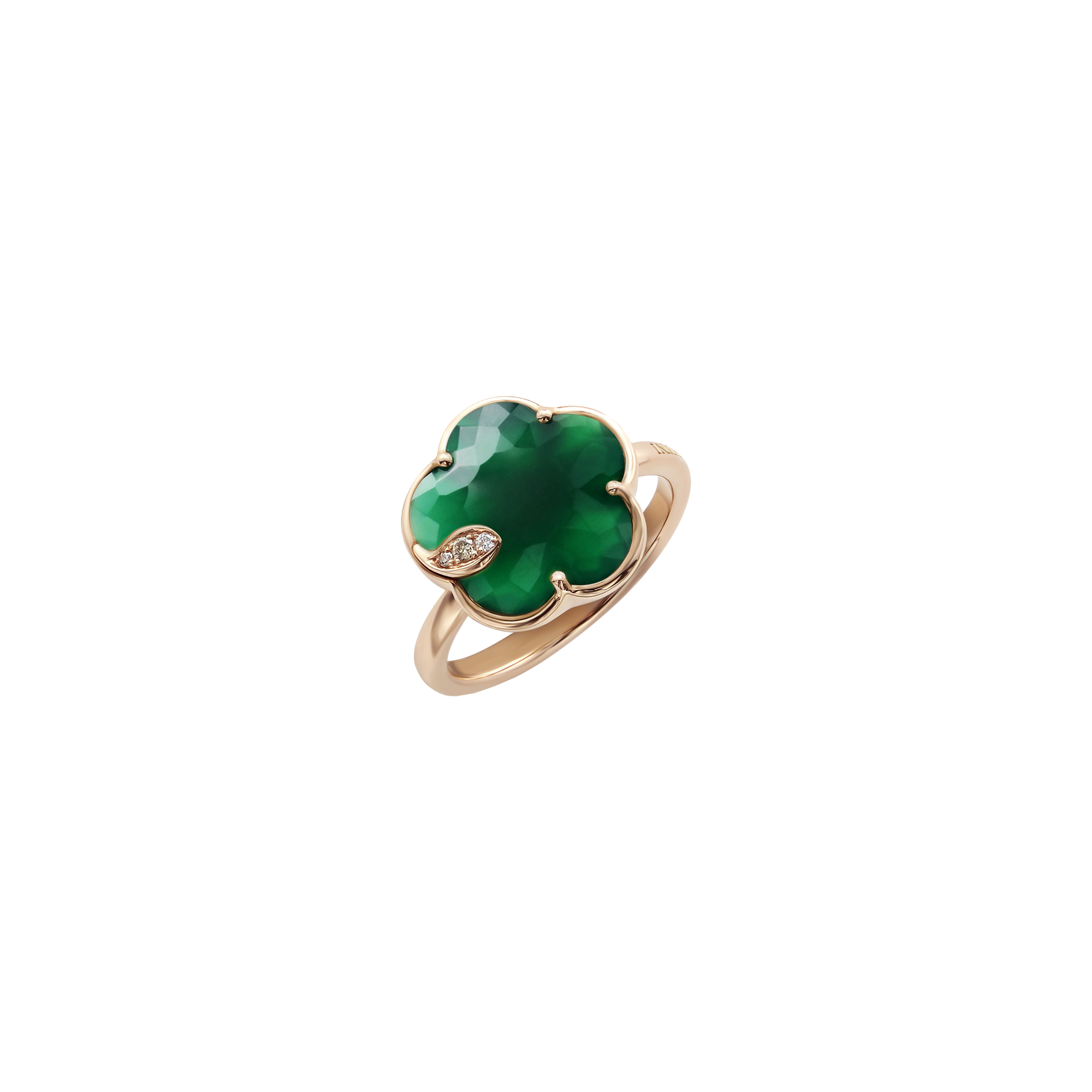 ANELLO PETIT JOLI IN ORO ROSA CON FIORE IN AGATA VERDE, DIAMANTI BIANCHI E DIAMANTI CHAMPAGNE - 16125R - 16125R