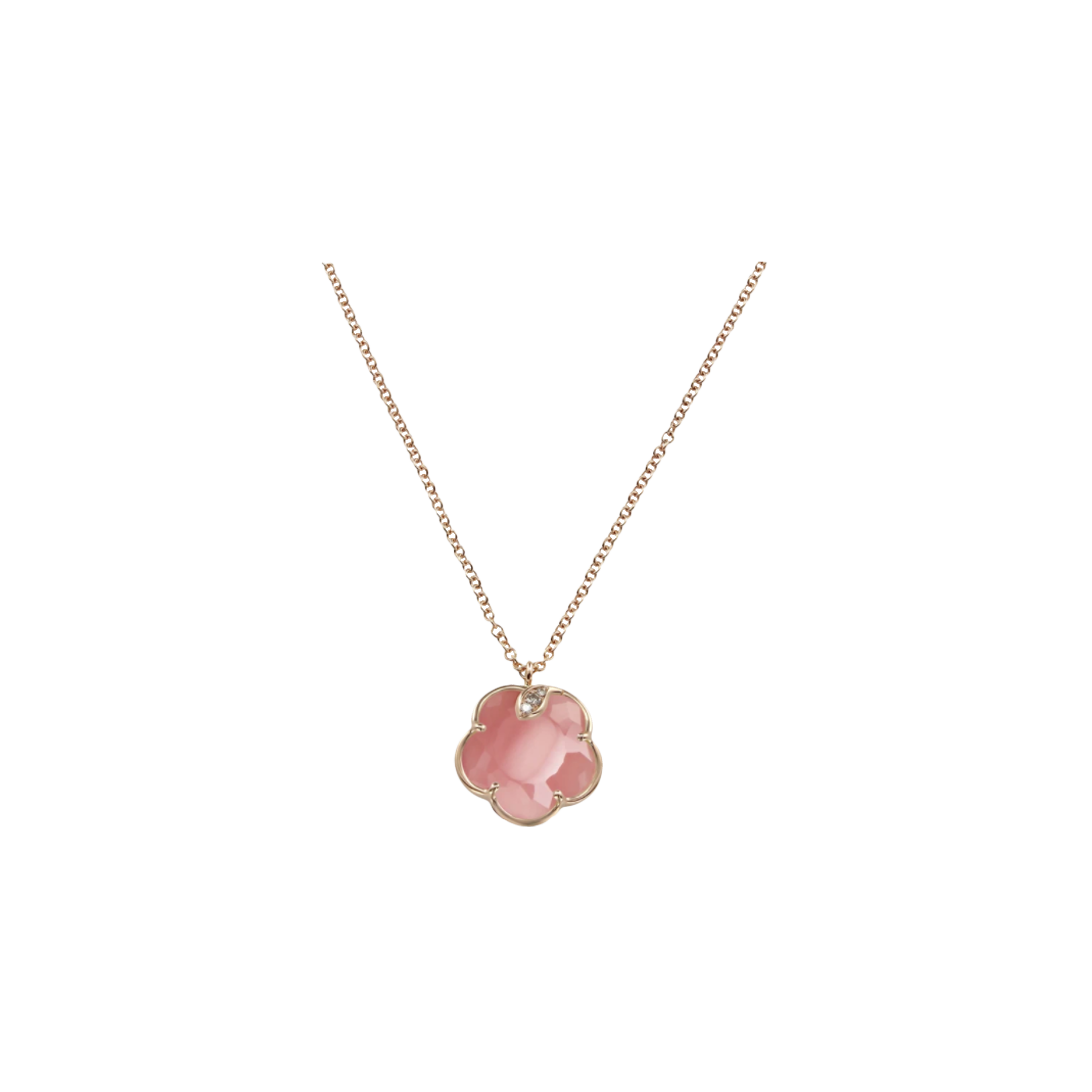 COLLANA PETIT JOLI IN ORO ROSA CON FIORE IN CALCEDONIO ROSA, DIAMANTI BIANCHI E CHAMPAGNE - 16139R