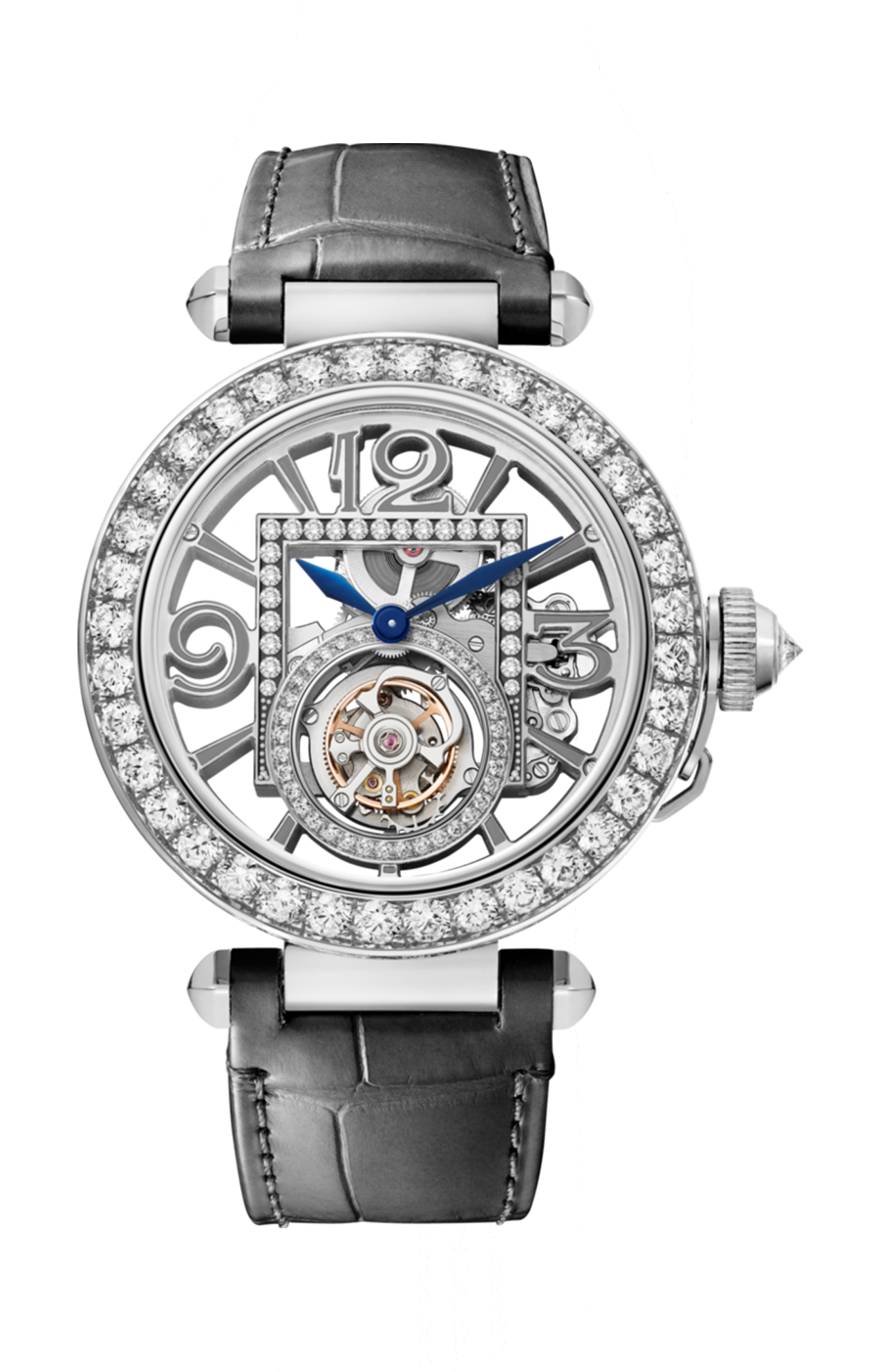 PASHA DE CARTIER 41 MM, MANUALE, ORO BIANCO, DIAMANTI, QUADRANTE SCHELETRATO, TOURBILLON, 2 CINTURINI INTERCAMBIABILI - HPI01435