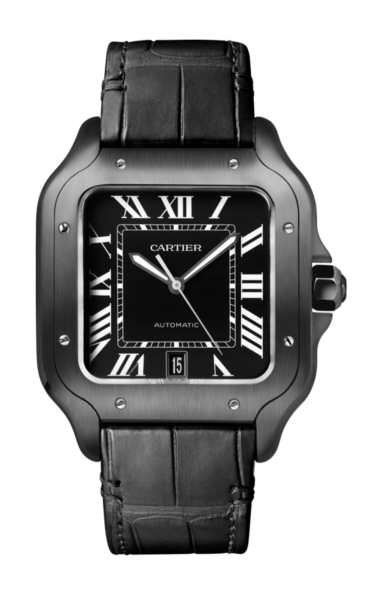 SANTOS DE CARTIER MODELLO GRANDE, AUTOMATICO, ACCIAIO ADLC, CINTURINI INTERCAMBIABILI IN PELLE E CAUCCIÙ - WSSA0039