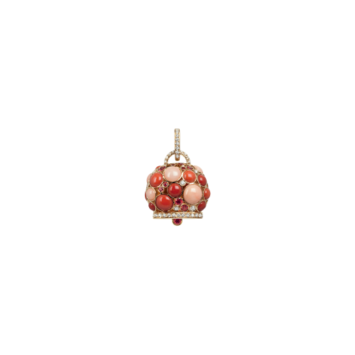 Ciondolo campanella Capri in oro rosa con diamanti, zaffiri e corallo rosa, rosso e arancio - 31101