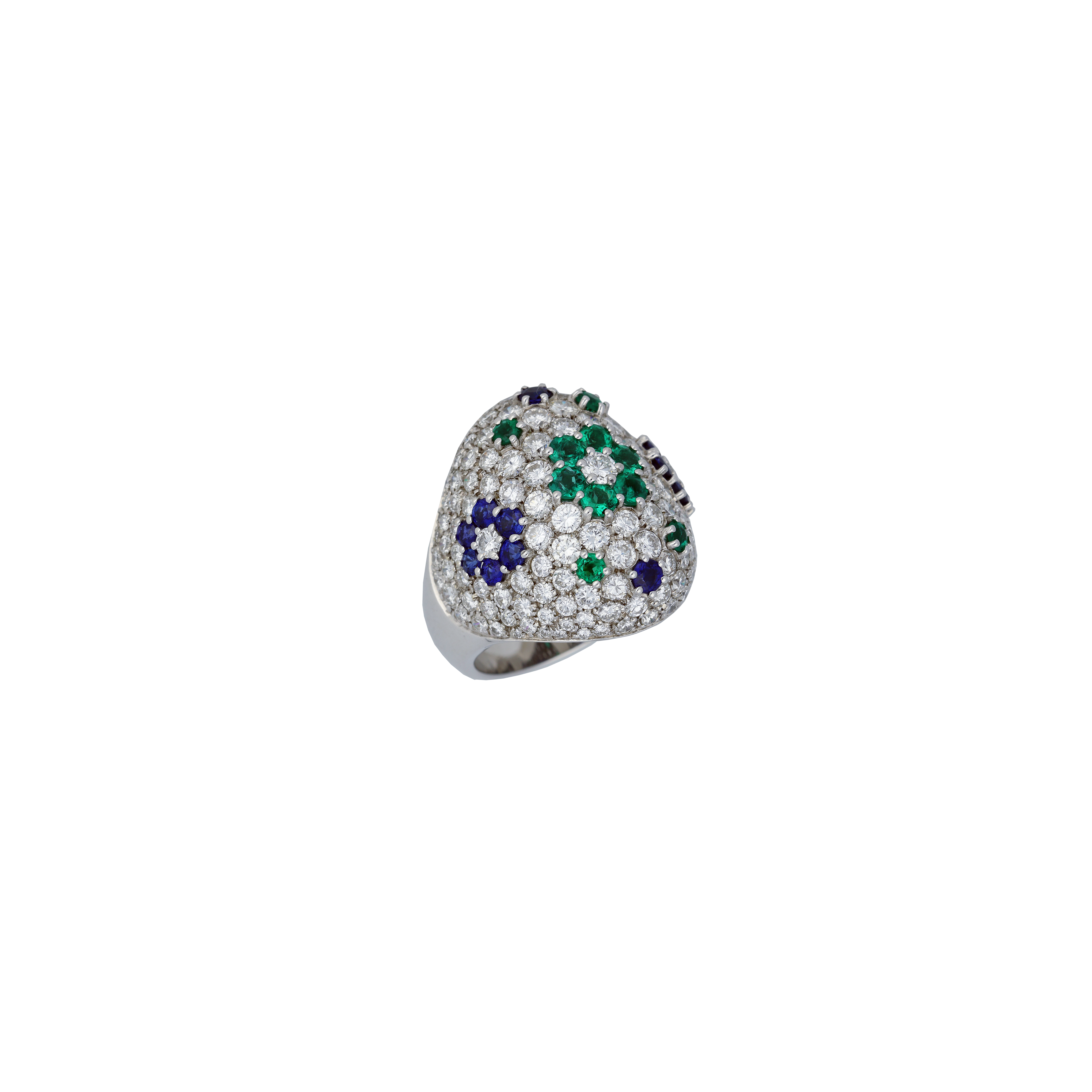 ANELLO FIORI IN ORO BIANCO CON DIAMANTI, SMERALDI E ZAFFIRI - BAAN06