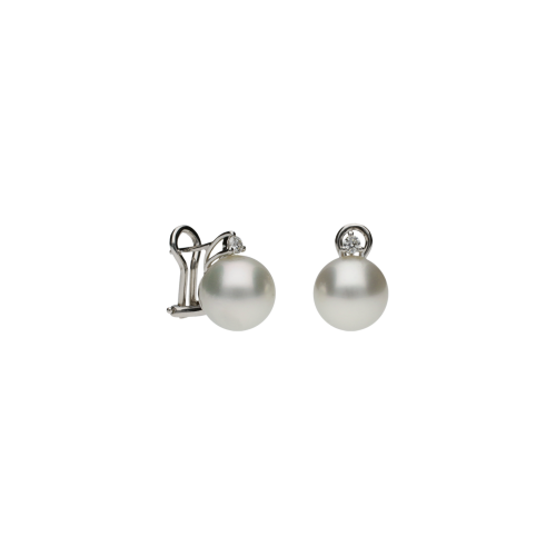 Orecchini in oro bianco 18 carati con perle bianche Australiane Ø 10 mm e diamanti bianchi taglio brillante