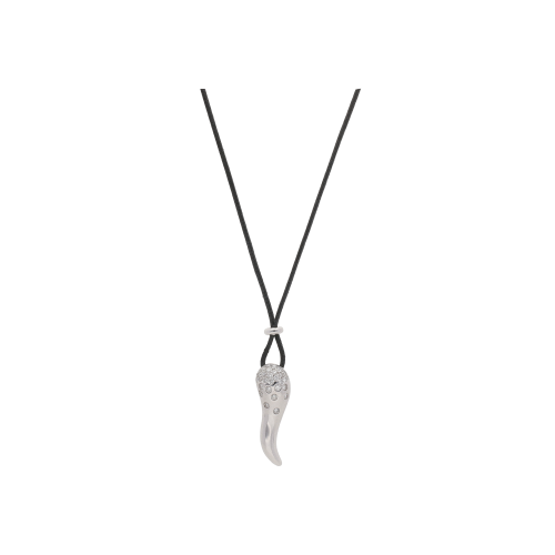 COLLANA CON CORDINO, TERMINALI IN ORO BIANCO E CIONDOLO CORNO IN ORO BIANCO E DIAMANTI - VP09262DW