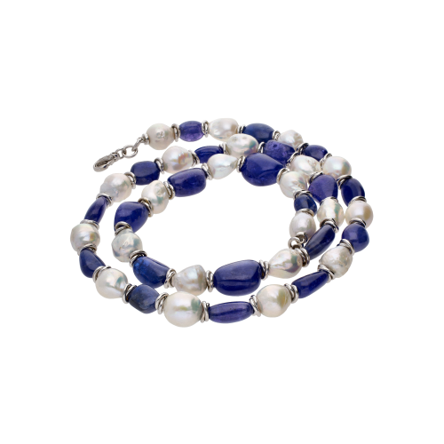 COLLANA CON PERLE BAROCCHE ALTERNATE A TANZANITE E ANELLINI IN ORO BIANCO - C0LL285/1-8B