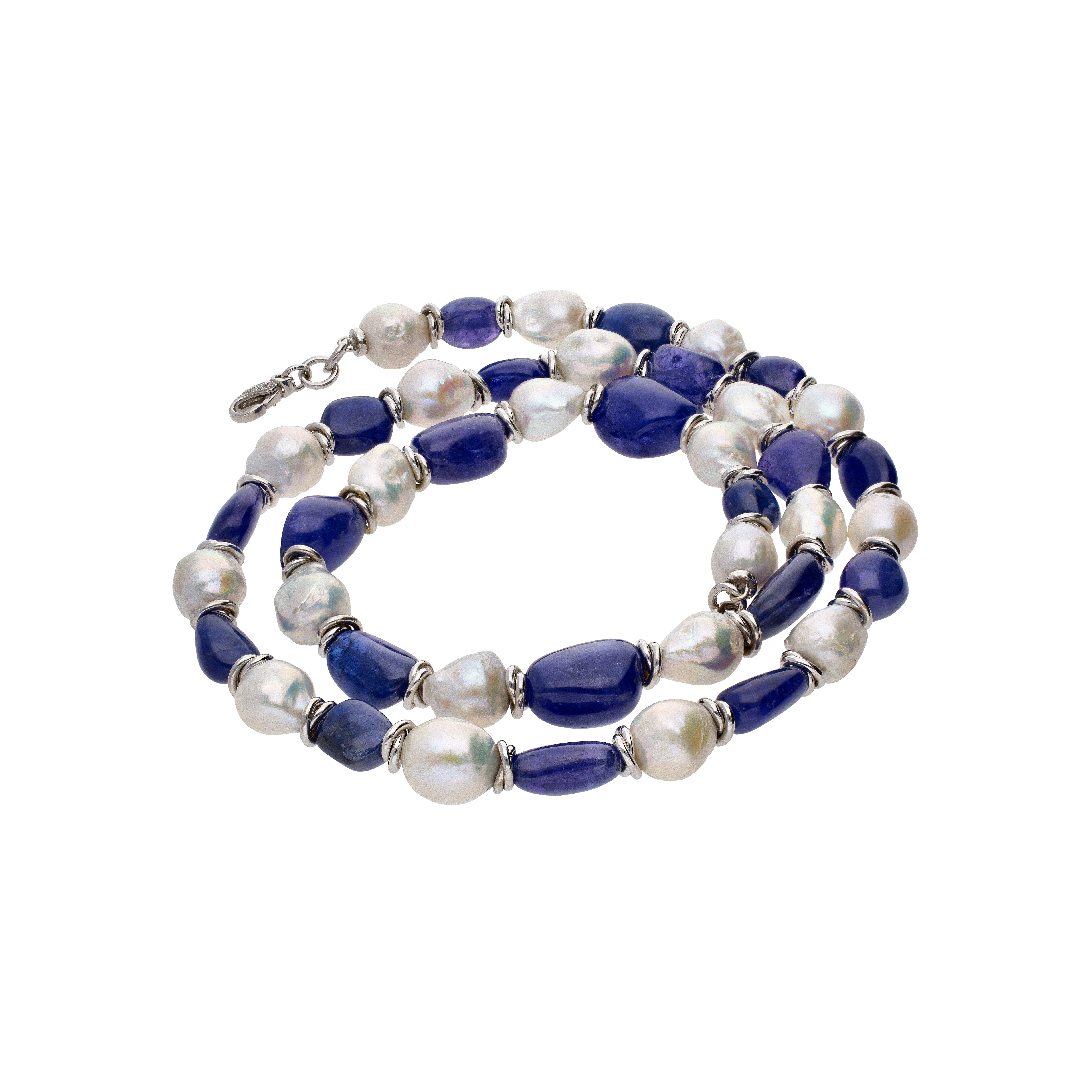 COLLANA CON PERLE BAROCCHE ALTERNATE A TANZANITE E ANELLINI IN ORO BIANCO - C0LL285/1-8B