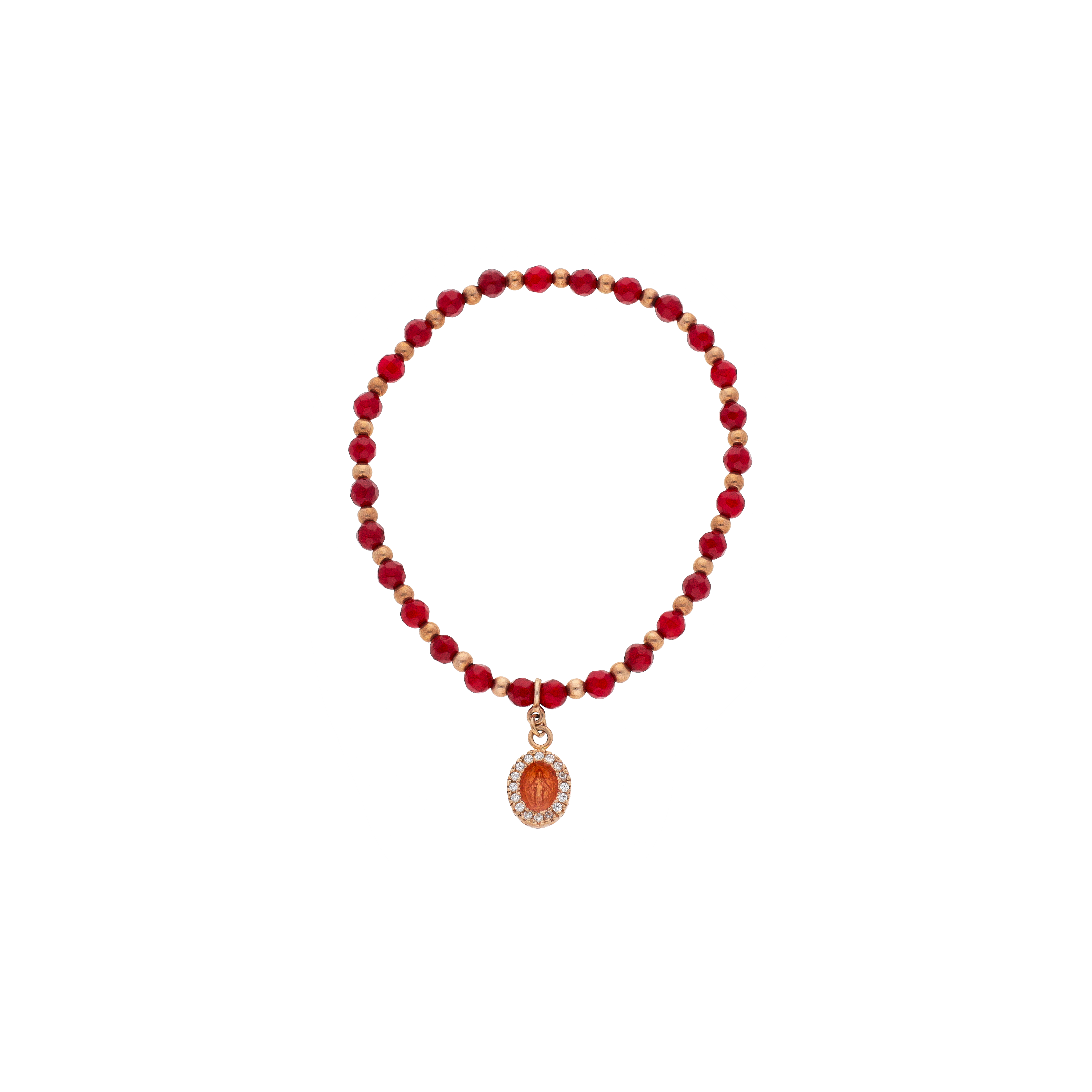 BRACCIALE ELASTICO A SFERE IN ARGENTO ROSÉ E PIETRE DURE CON PENDENTE IMMAGINE SACRA E ZIRCONI - BR1858AG