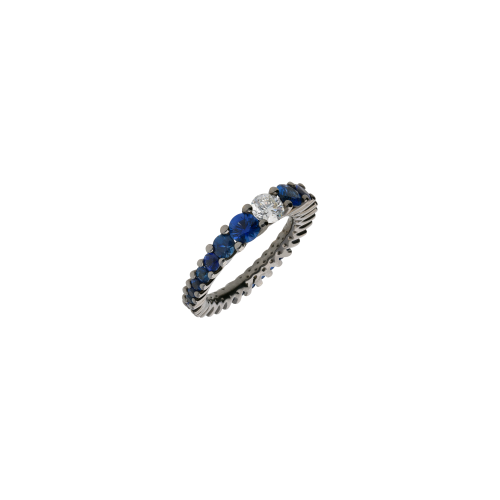 ANELLO VERETTA GIRO INTERO IN ORO NERO CON ZAFFIRI BLU E DIAMANTE SOLITARIO - VR21696SBDBW