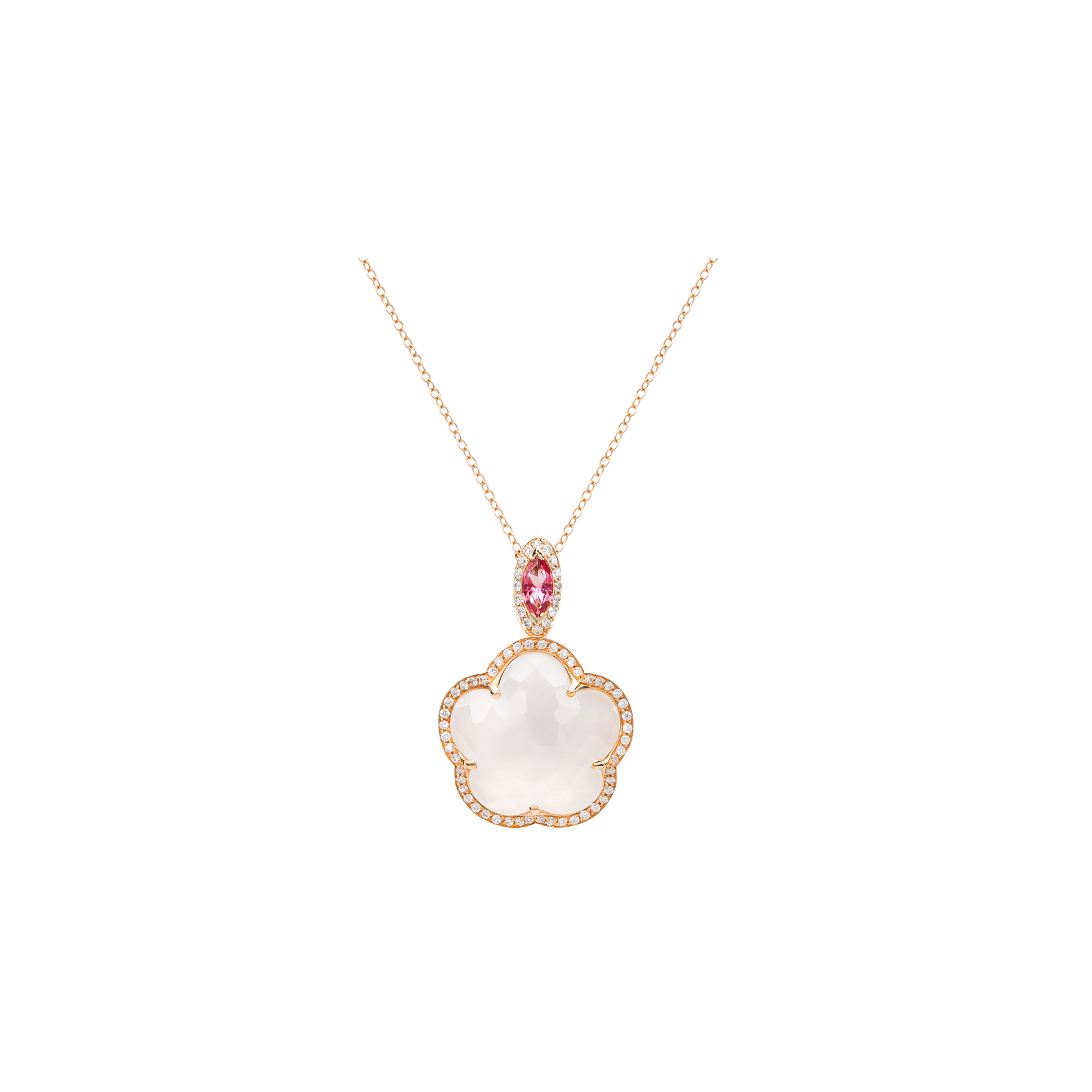 COLLANA BON TON IN ORO ROSA CON DIAMANTI, QUARZO MILKY, TOPAZIO E MADREPERLA - 14857R - 14857R