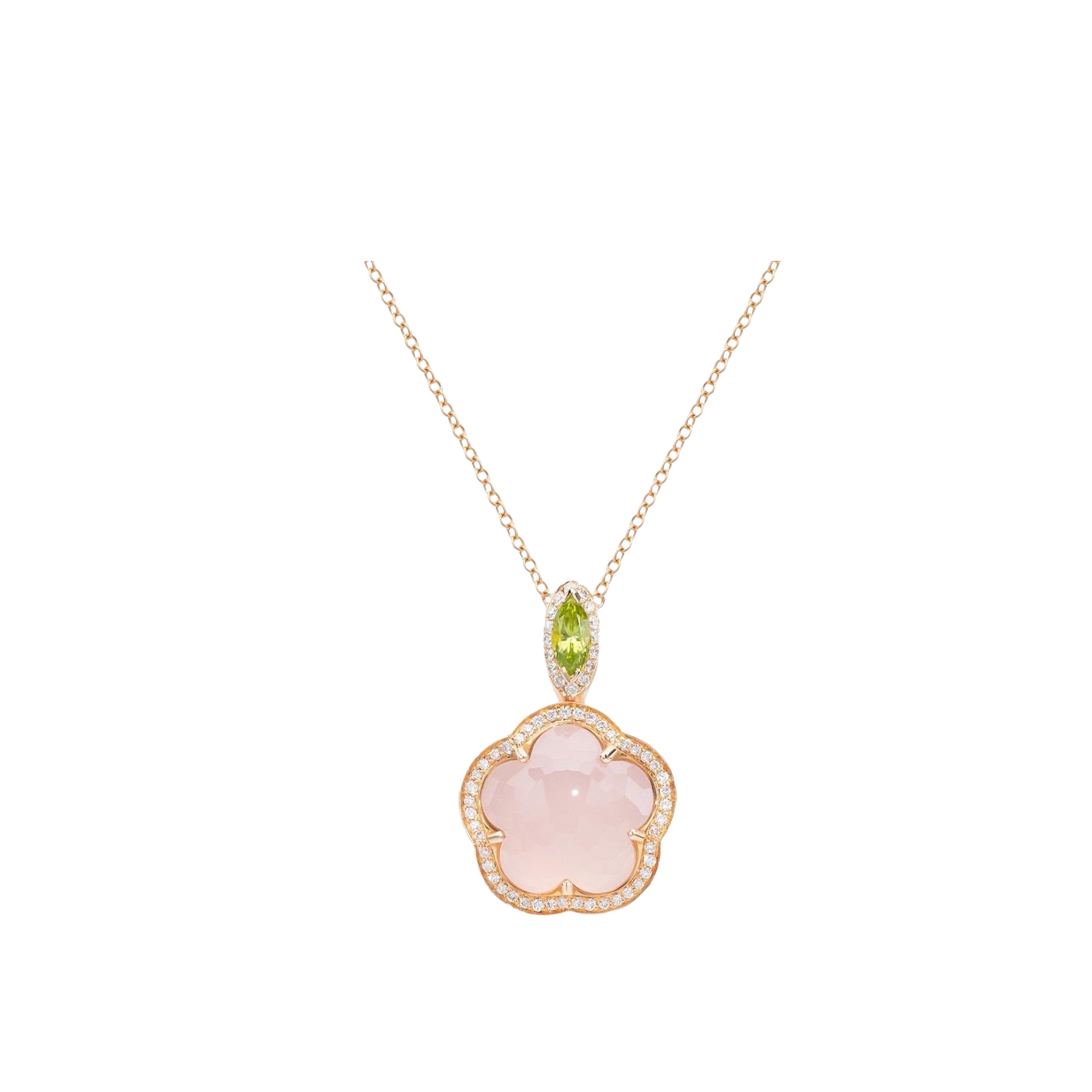 COLLANA BON TON IN ORO ROSA CON QUARZO, DIAMANTI E PERIDOTO - 14208R - 14208R