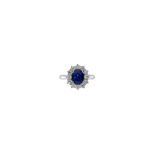 Anello in oro bianco 18 carati,zaffiro blu naturale e diamanti bianchi taglio brillante