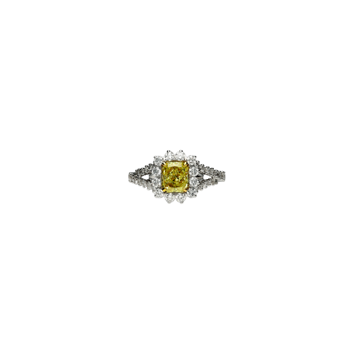 Anello in oro bianco 18 carati con diamanti taglio brillante e diamante fancy yellow taglio cuscino