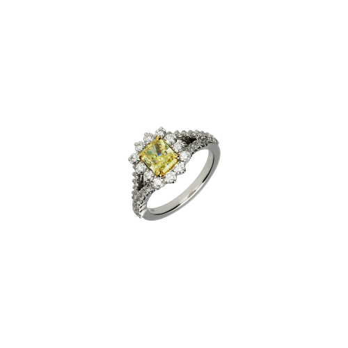 Anello in oro bianco 18 carati con diamanti taglio brillante e diamante fancy yellow taglio cuscino