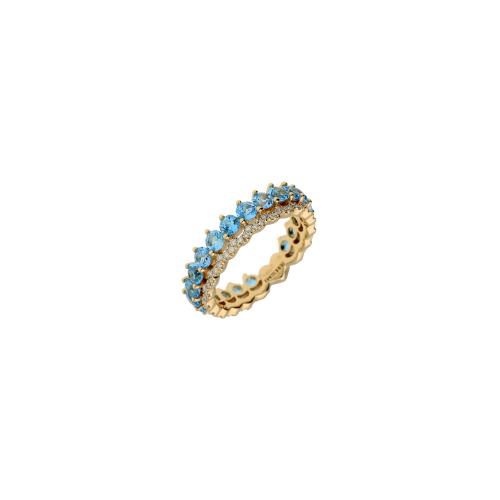 Anello veretta in oro rosa con zaffiri azzurri e diamanti bianchi