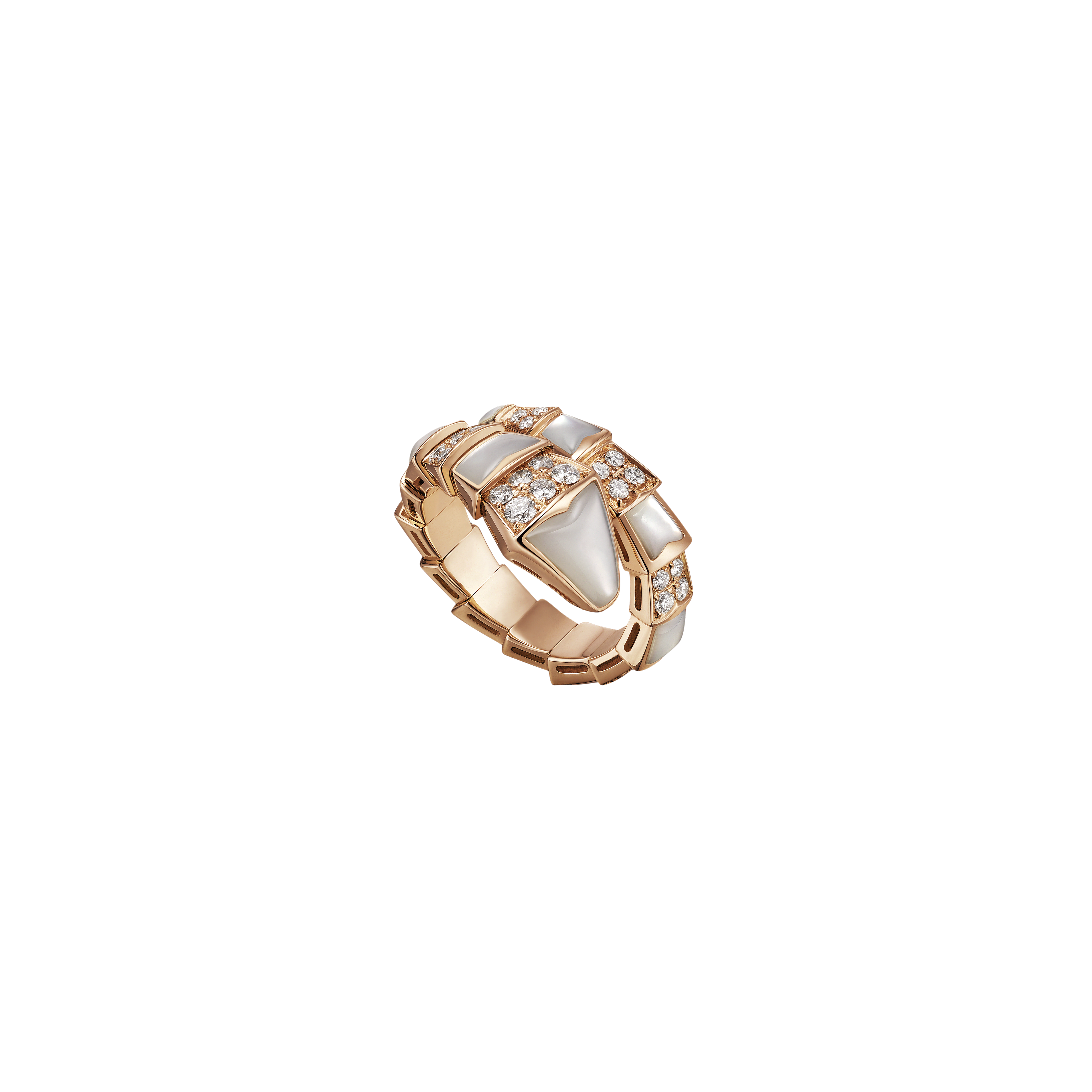 ANELLO SERPENTI IN ORO ROSA 18 KT CON ELEMENTI IN MADREPERLA E PAVE' DI DIAMANTI