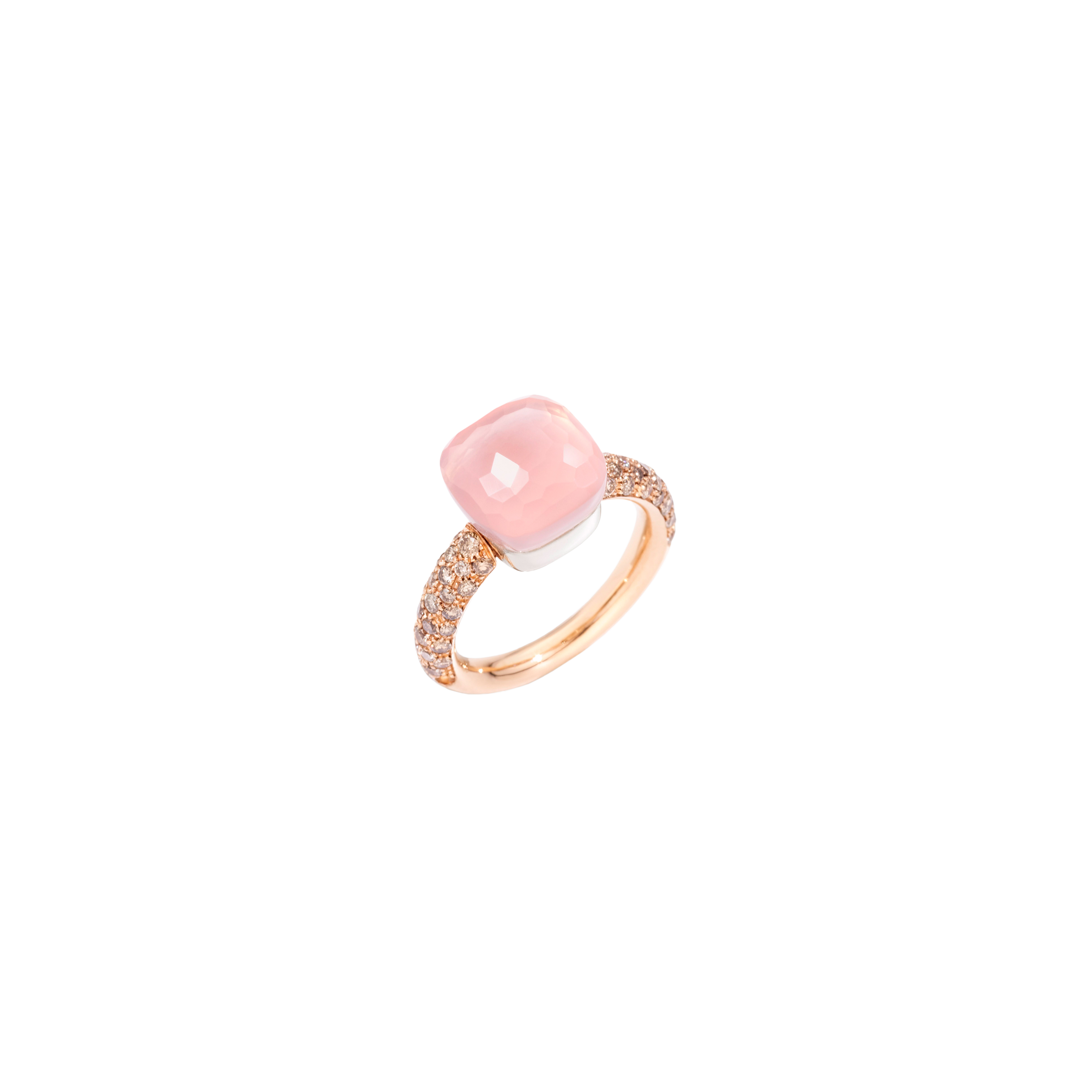 POMELLATO NUDO - ANELLO NUDO CLASSIC CON DIAMANTI, IN ORO ROSA  CON CASTONE IN ORO BIANCO , QUARZO ROSA, CALCEDONIO SFACCETTATO E DIAMANTI BROWN - A.C004BRO6/QR - PAC0040O7000BRCQR