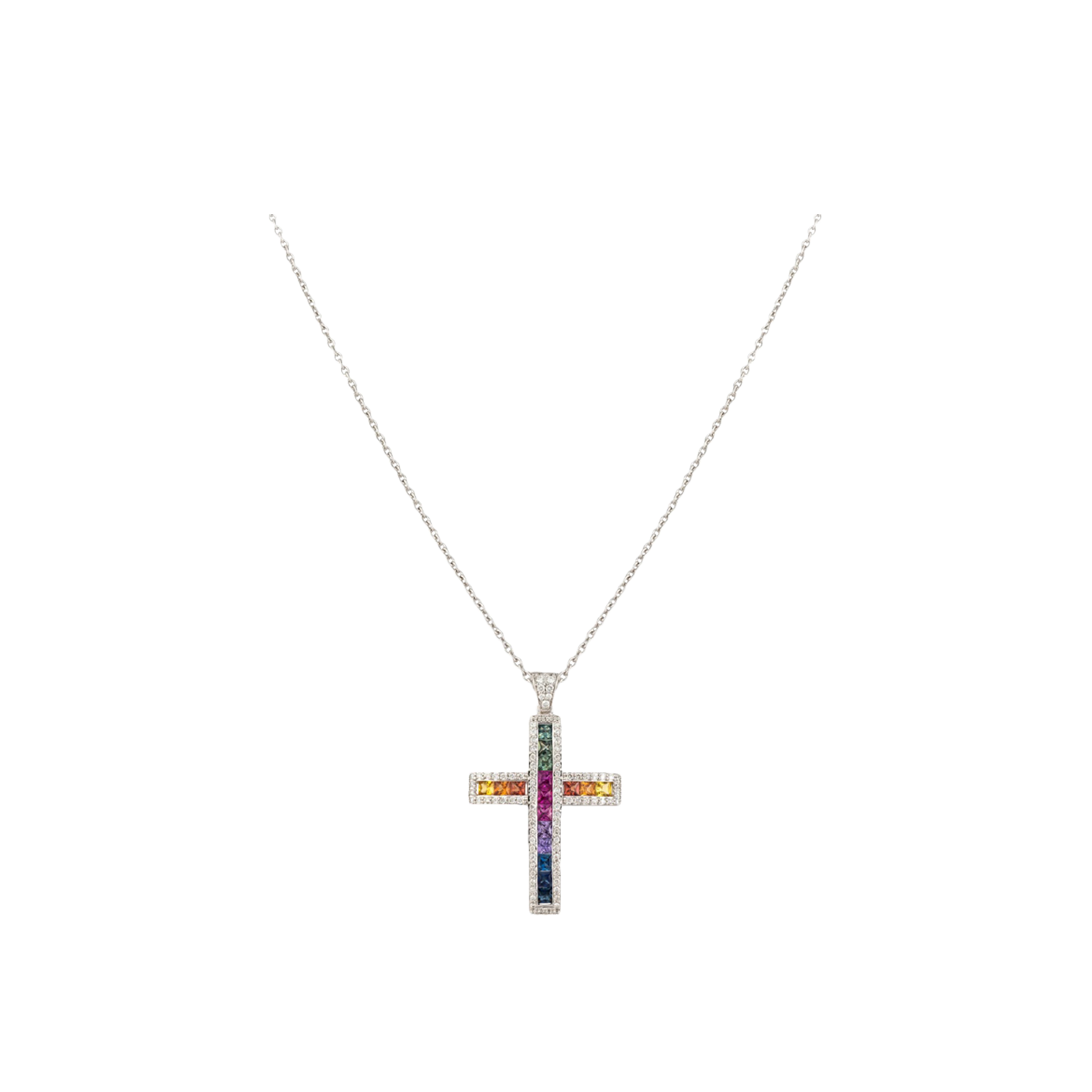 COLLANA CON CROCE PENDENTE IN ORO BIANCO ZAFFIRI MULTICOLOR E DIAMANTI BIANCHI - AN2591