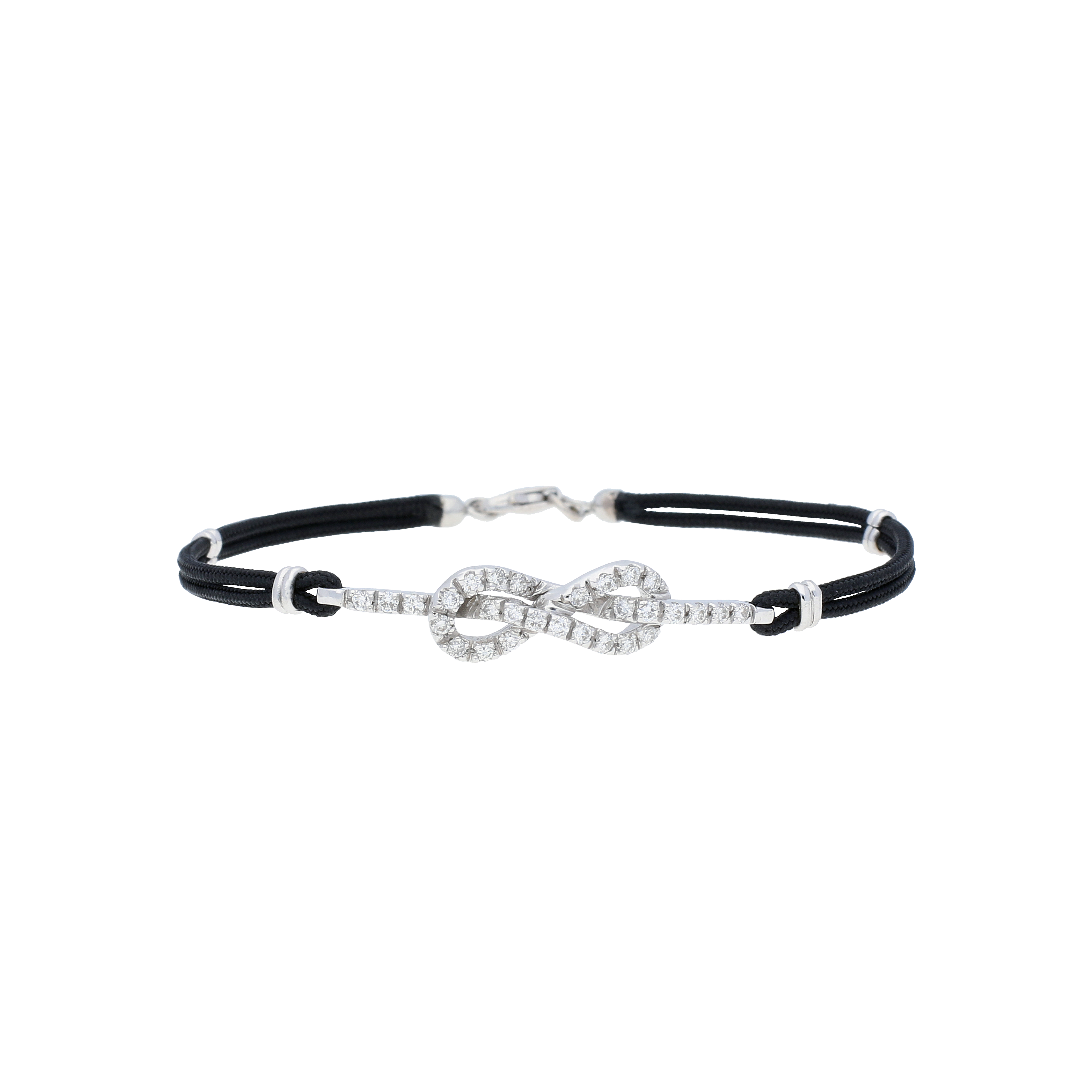 BRACCIALE IN SAGOLA NERA CON NODO IN PAVE' DI DIAMANTI ED ELEMENTI IN ORO BIANCO - BR600B