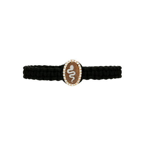 Bracciale in cordura nera con cammro lavorato e zirconi bianchi - BRA2912-1