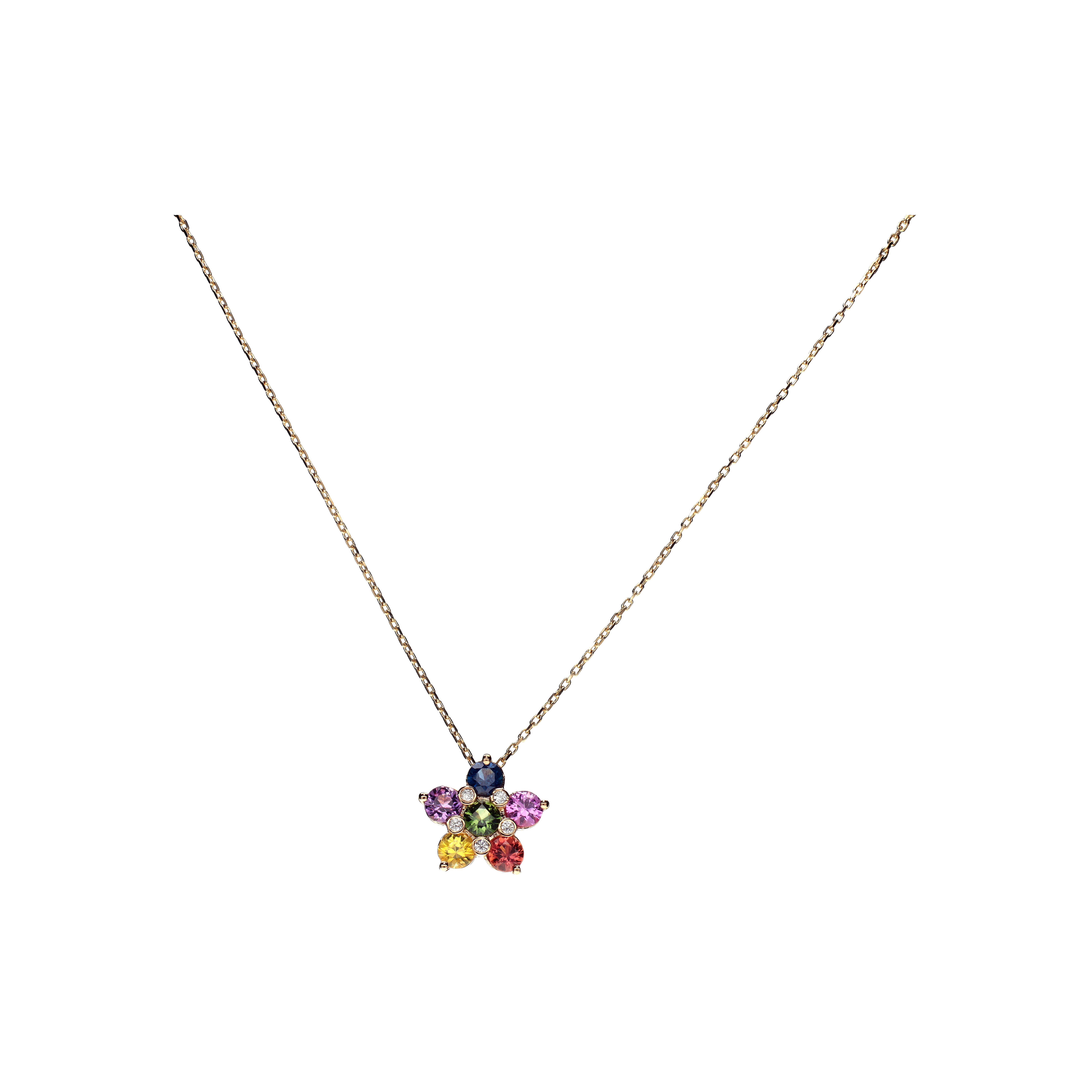 COLLANA RAINBOW IN ORO ROSA CON FIORE IN ZAFFIRI MULTICOLOR E DIAMANTI - KP1064/MS