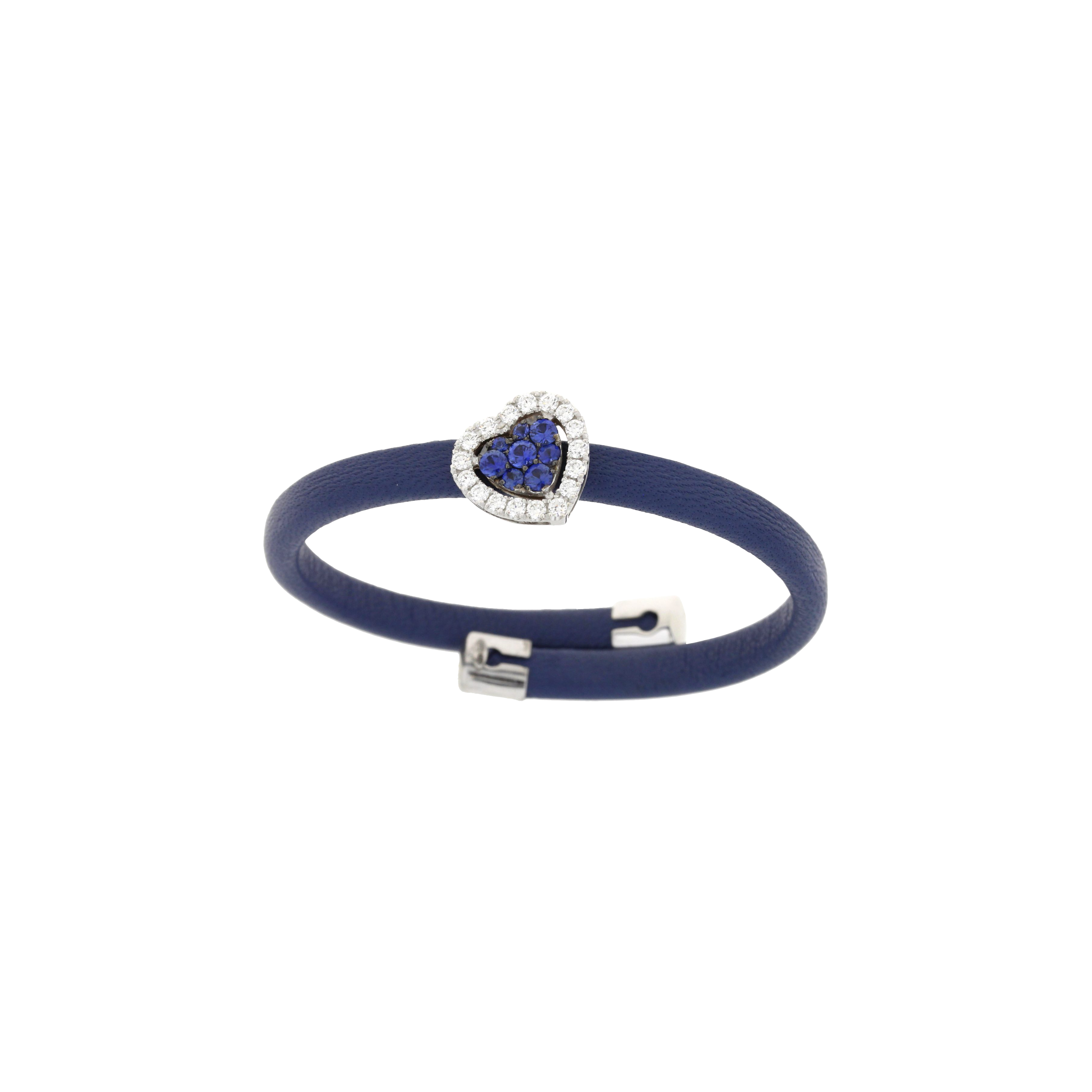 BRACCIALE IN PELLE AZZURRA CON CUORE IN ORO BIANCO, DIAMANTI E ZAFFIRI - 1PU0750322/1