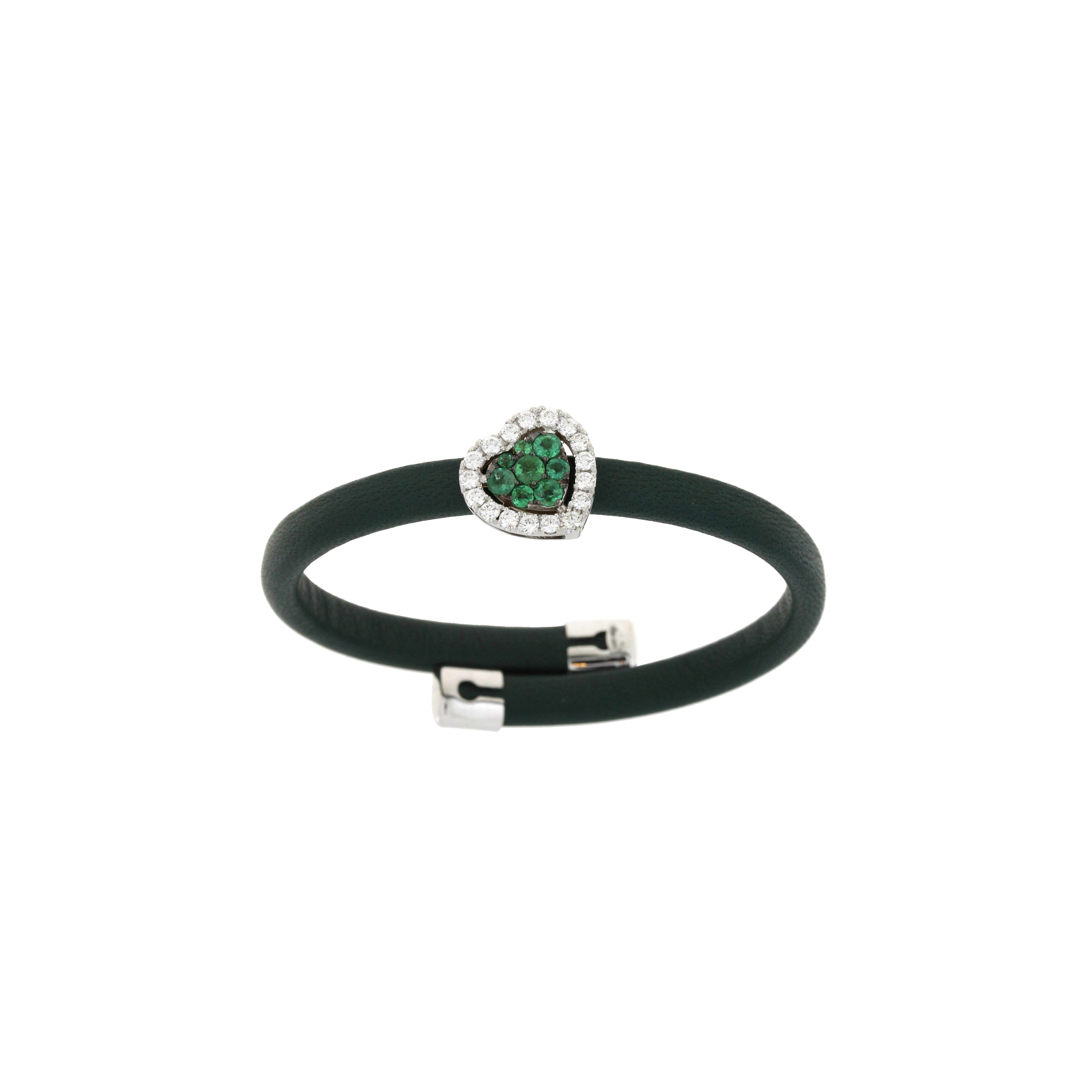 BRACCIALE IN PELLE VERDE CON CUORE IN ORO BIANCO, DIAMANTI E SMERALDI - 1PU0750322/4