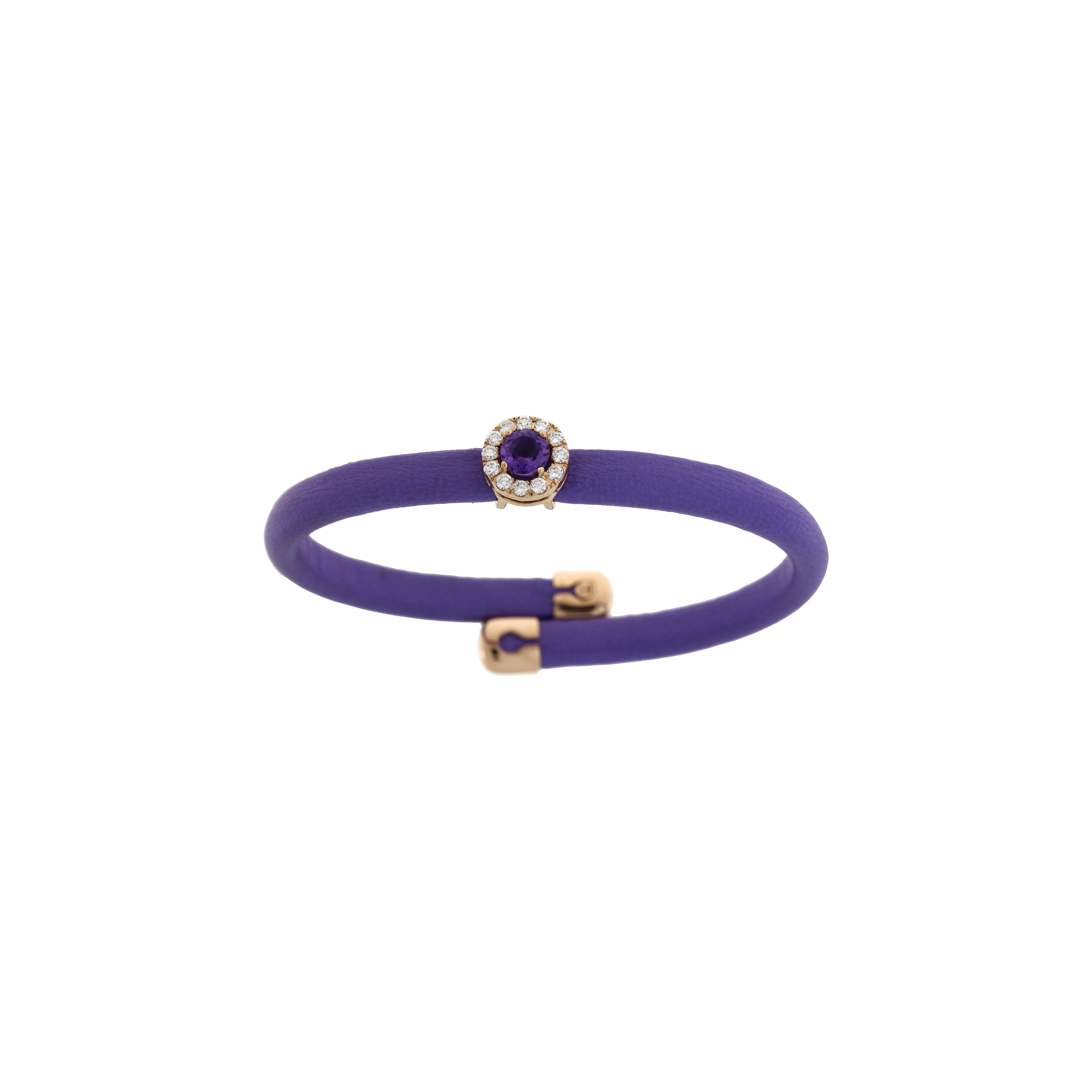 BRACCIALE IN PELLE VIOLA CON ELEMENTI IN ORO ROSA, DIAMANTI E AMETISTA - 1PU0032122/2