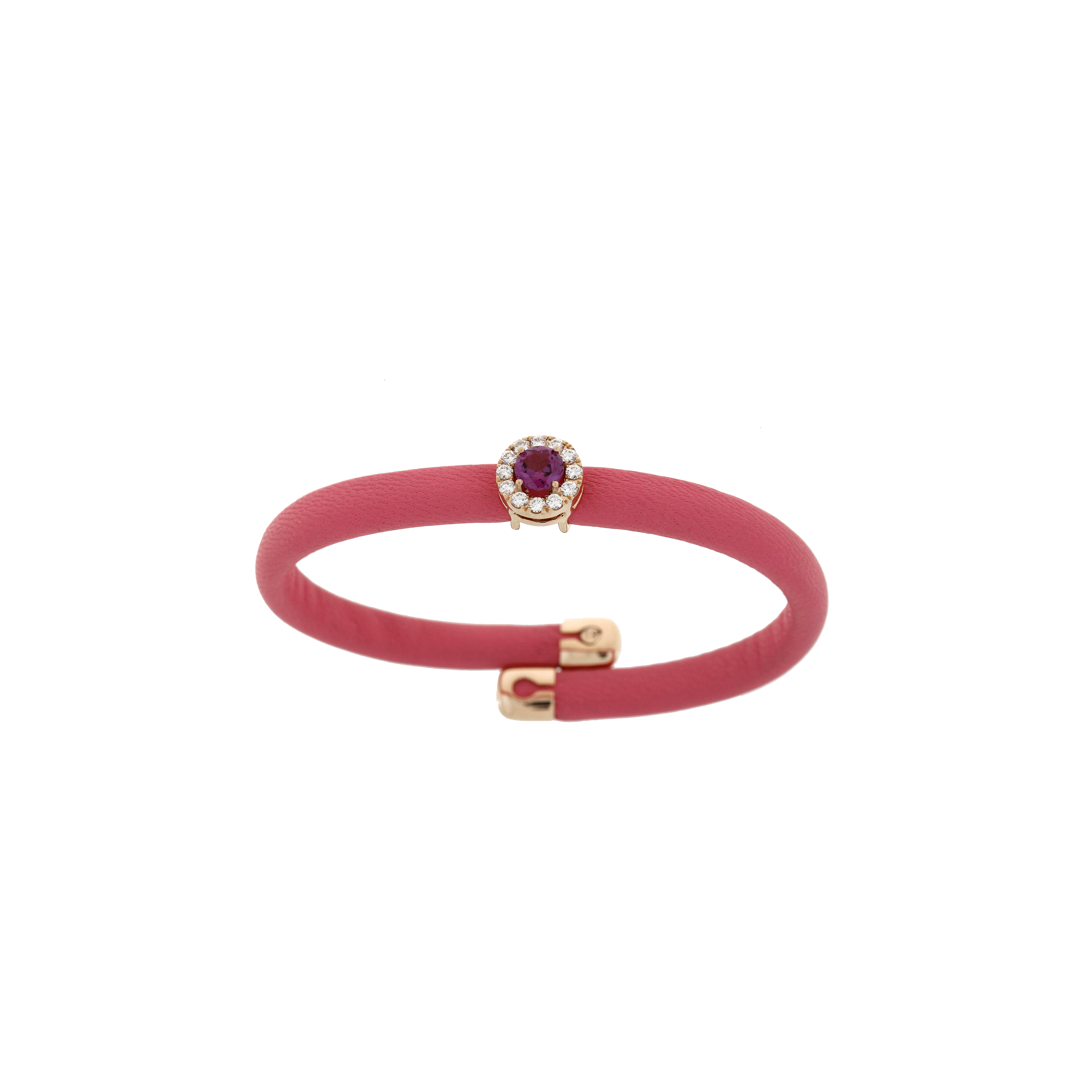 BRACCIALE IN PELLE ROSA CON ELEMENTI IN ORO ROSA, DIAMANTI E RODOLITE - 1PU0032122/1