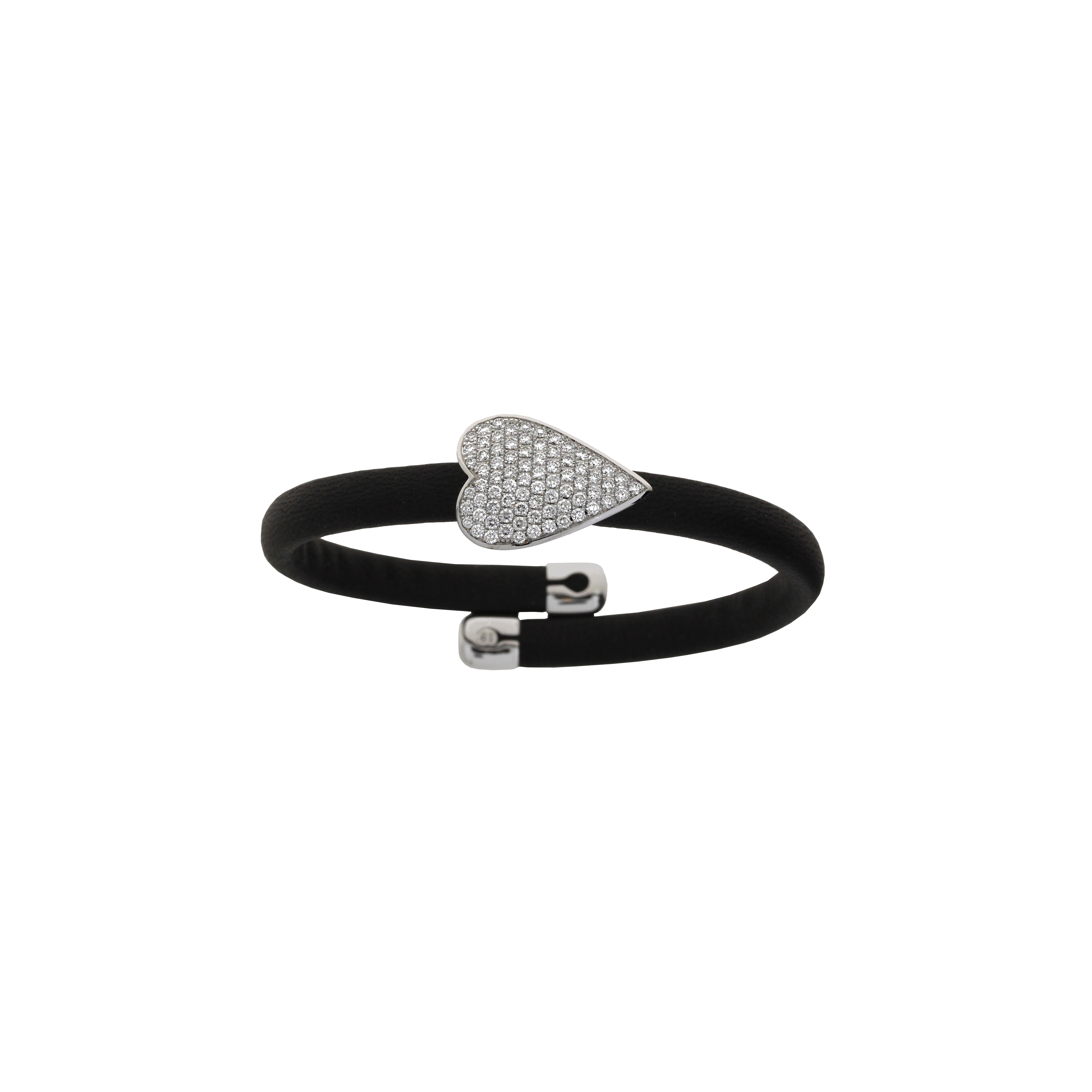 BRACCIALE IN PELLE NERA CON ELEMENTI IN ORO BIANCO CUORE CON PAVÈ DI DIAMANTI - 1PU0032106/2