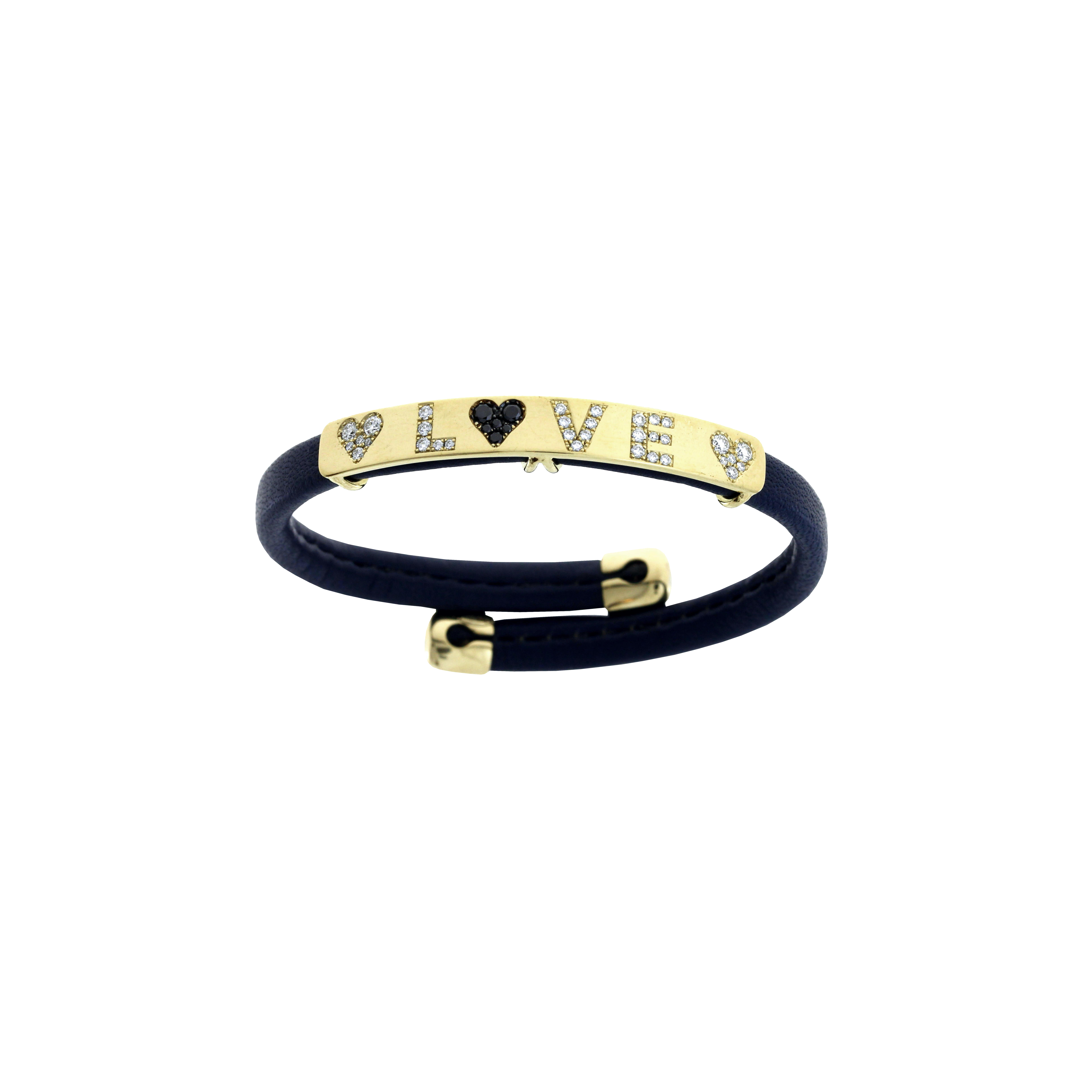 BRACCIALE IN PELLE NERA CON BARRETTA IN ORO GIALLO CUORI E LETTERE 