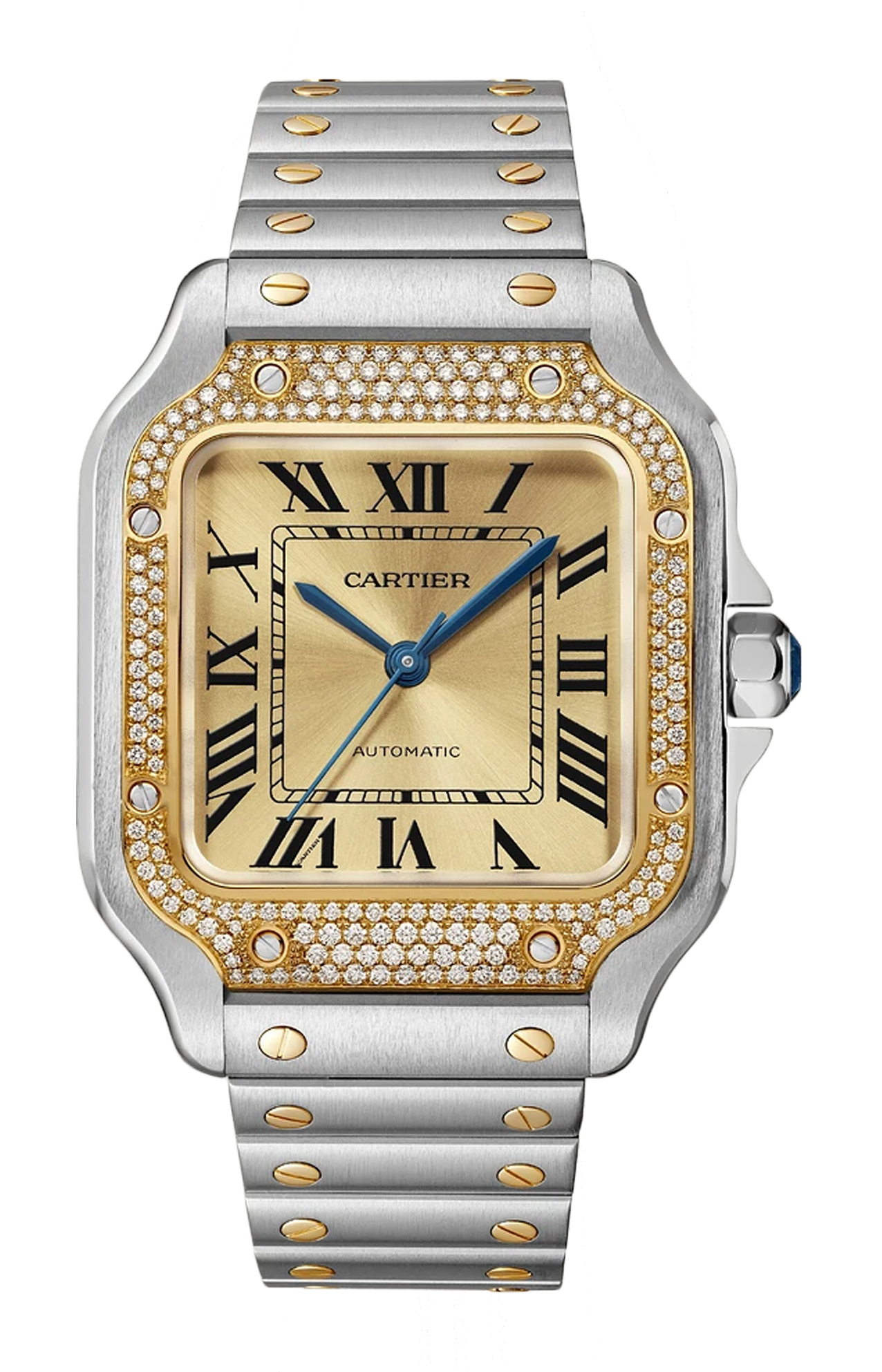 SANTOS DE CARTIER MODELLO MEDIO, MOVIMENTO AUTOMATICO, ORO GIALLO 18 CARATI, ACCIAIO, DIAMANTI, BRACCIALE IN METALLE E CINTURINO IN PELLE INTERCAMBIABILI - W3SA0007