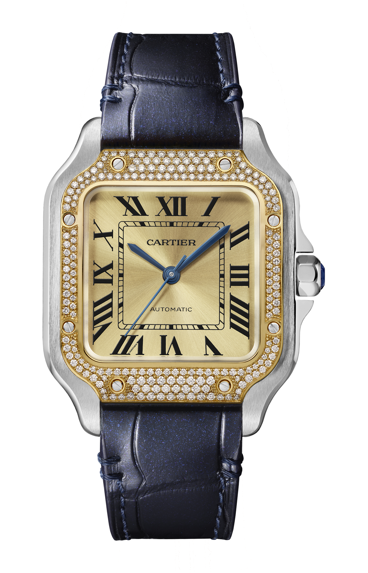 SANTOS DE CARTIER MODELLO MEDIO, MOVIMENTO AUTOMATICO, ORO GIALLO 18 CARATI, ACCIAIO, DIAMANTI, BRACCIALE IN METALLE E CINTURINO IN PELLE INTERCAMBIABILI - W3SA0007