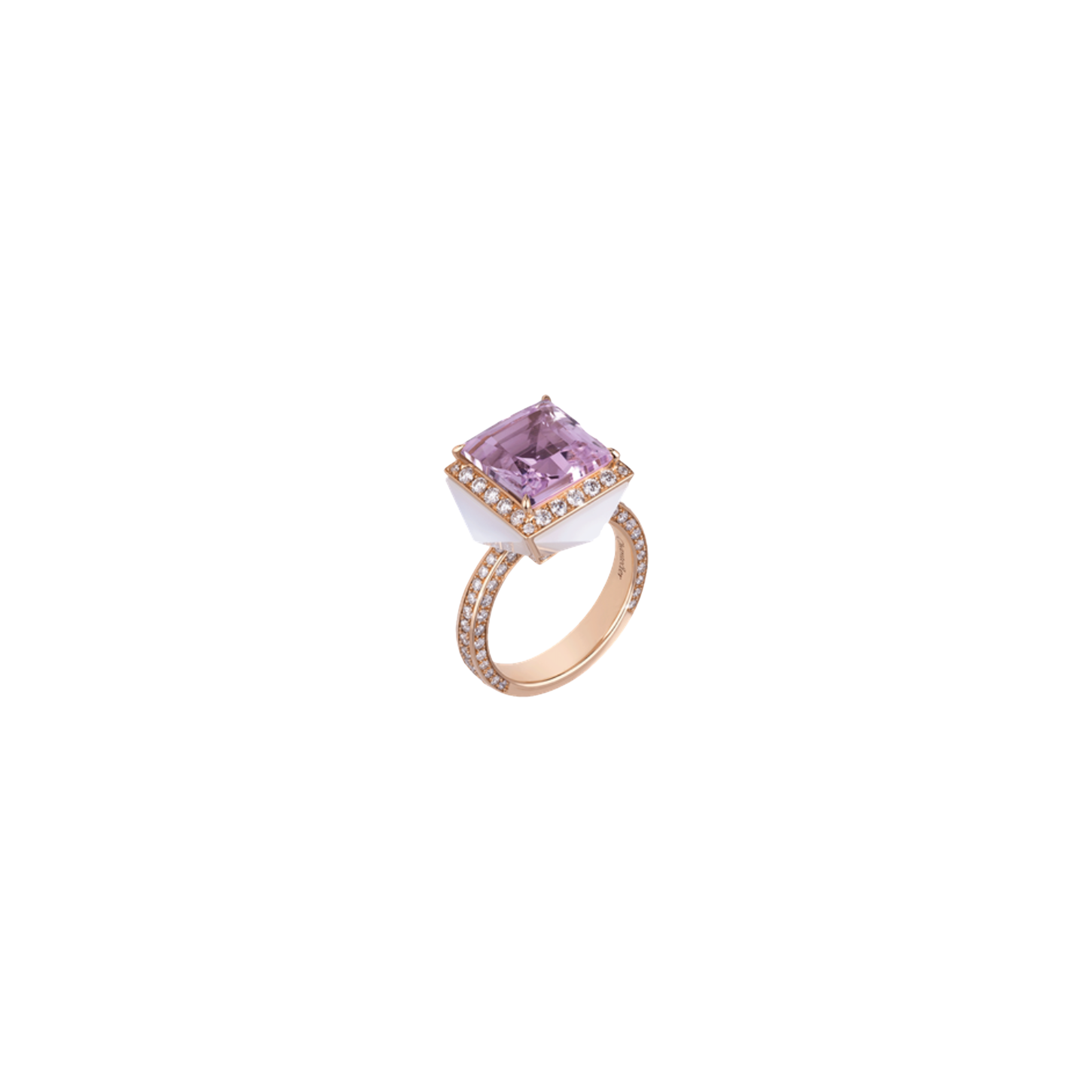 ANELLO PIAZZETTA IN ORO ROSA CON KUNZITE E CUSPIDI IN DIAMANTI E AGATA MILKY - 41179 - 41179