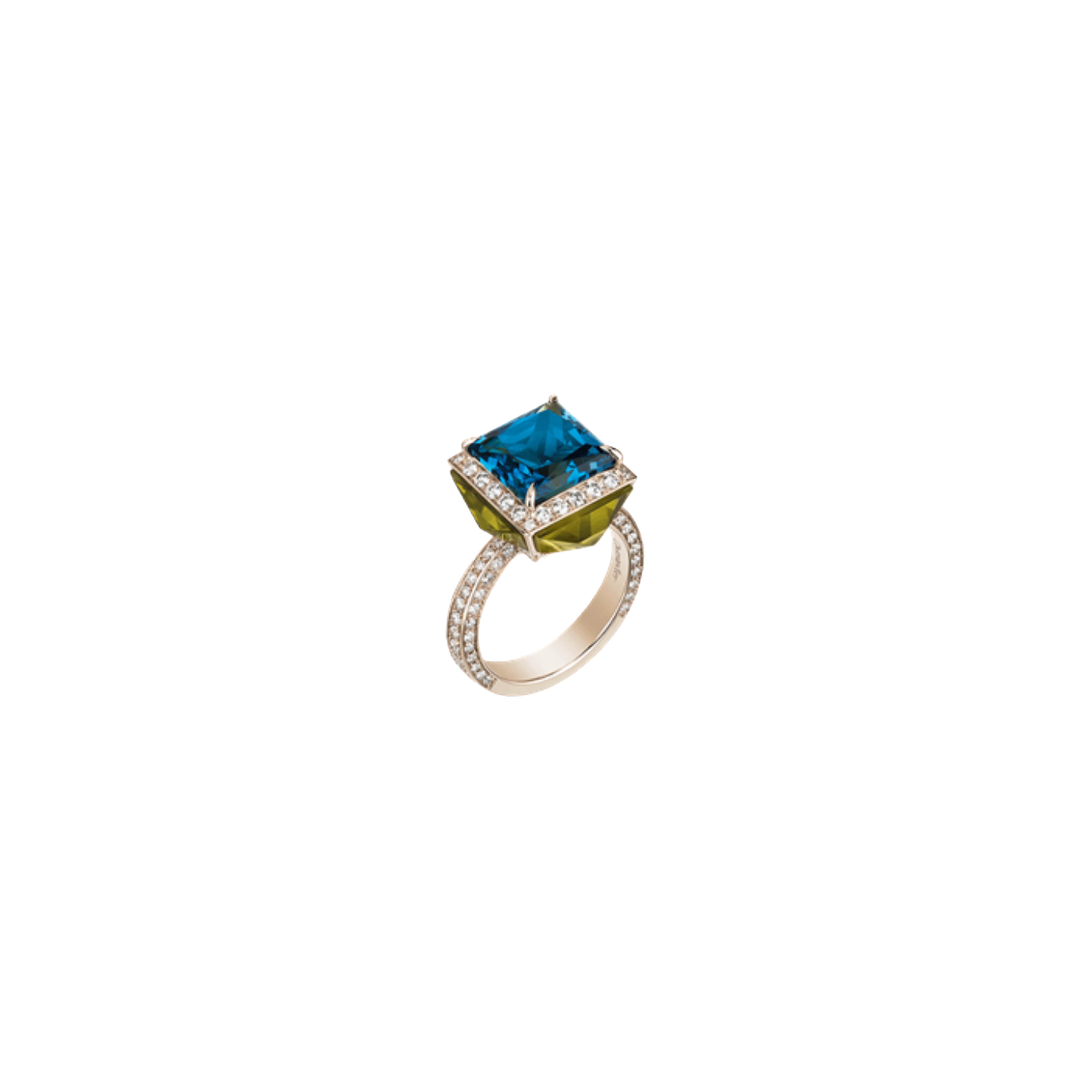 ANELLO PIAZZETTA IN ORO GIALLO CON TOPAZIO BLU LONDO E CUSPIDI IN DIAMANTI E AMBRA VERDE - 41189 - 41189