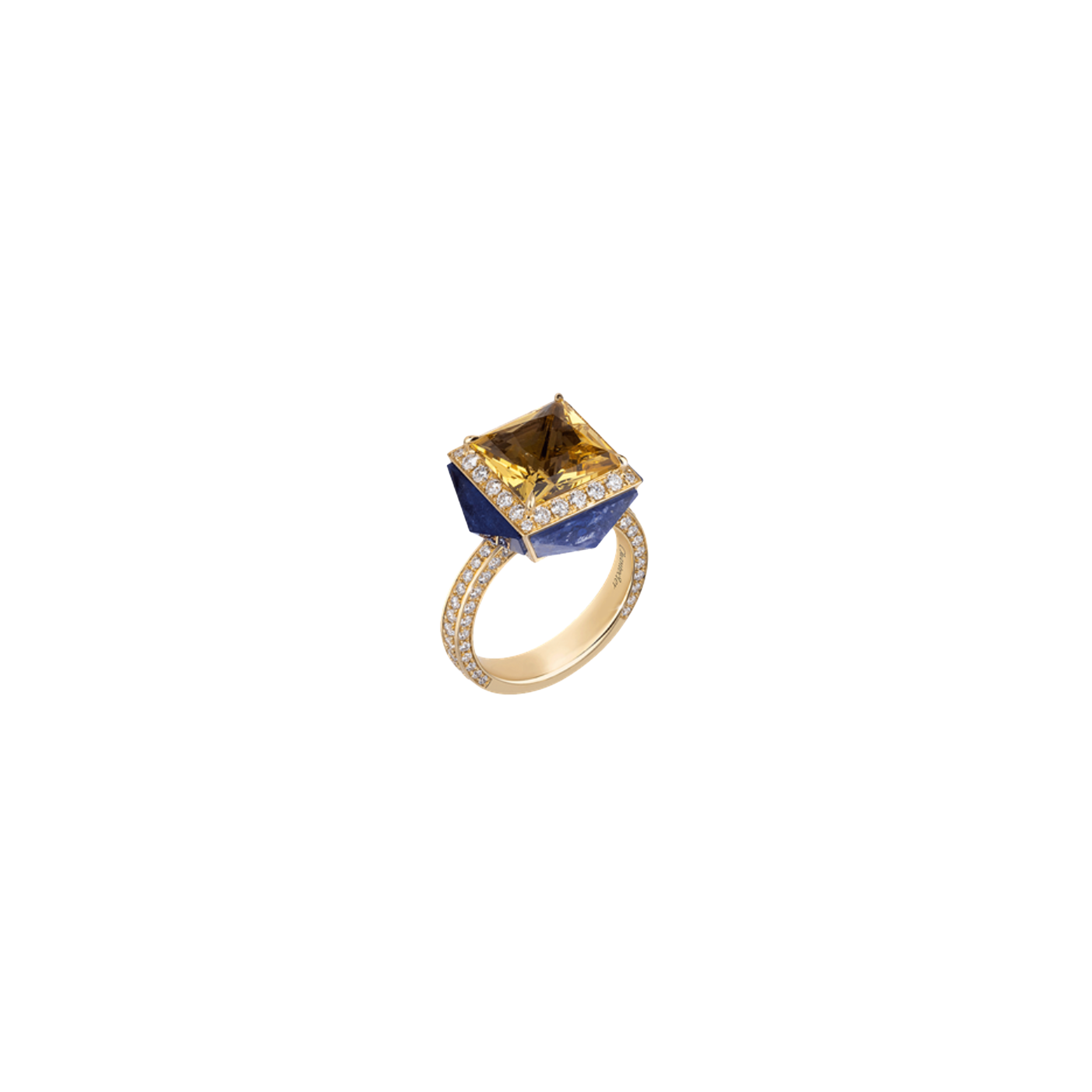 ANELLO PIAZZETTA IN ORO GIALLO CON BERILLO GIALLO E CUSPIDI IN DIAMANTI E TANZANITE - 41190 - 41190