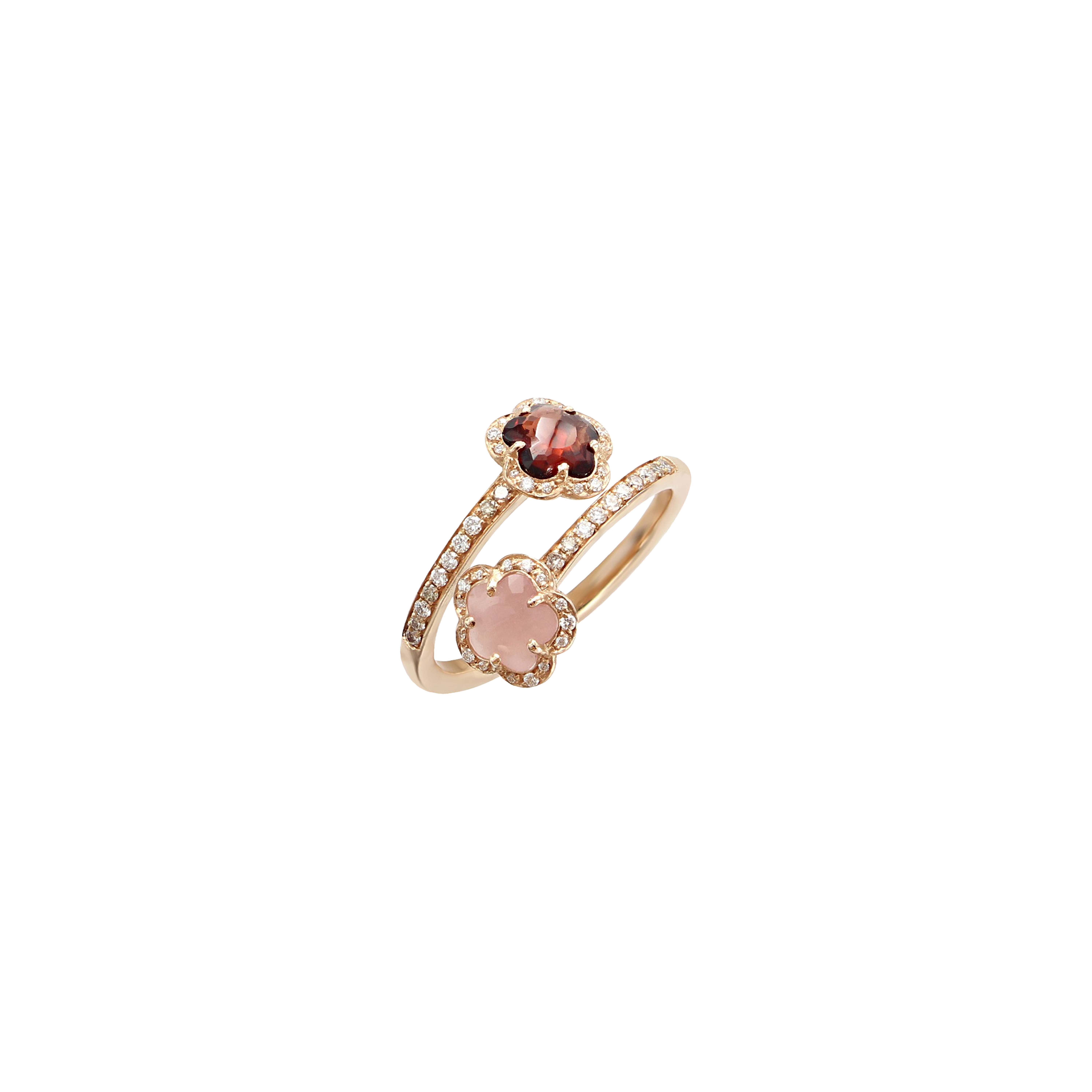 ANELLO FIGLIA DEI FIORI IN ORO ROSA CON CALCEDONIO ROSA, GRANATO ROSSO E DIAMANTI  - 15958R - 15958R