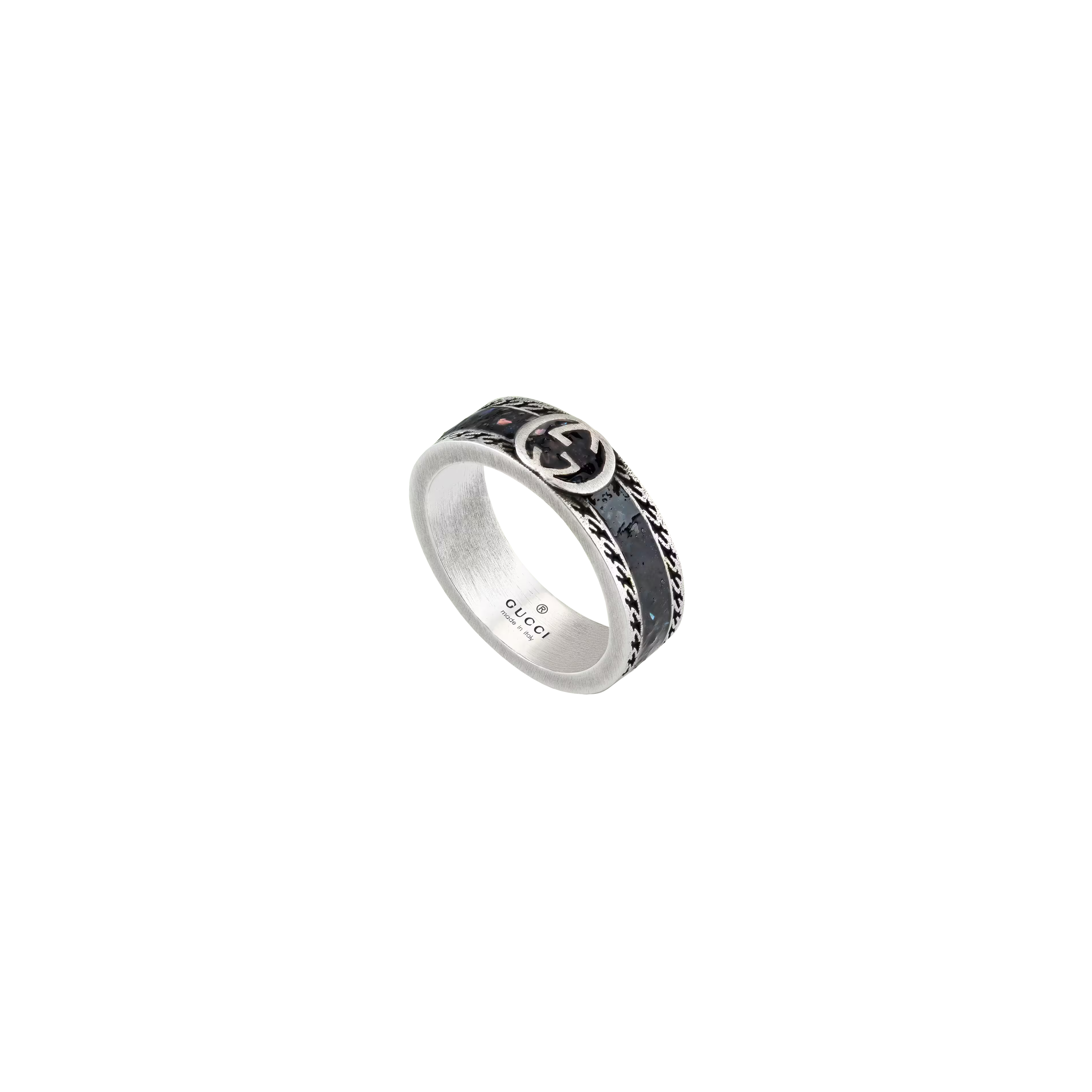 ANELLO GUCCI INTERLOCKING IN ARGENTO E SMALTO GRANIGLIA NERO - YBC645573002