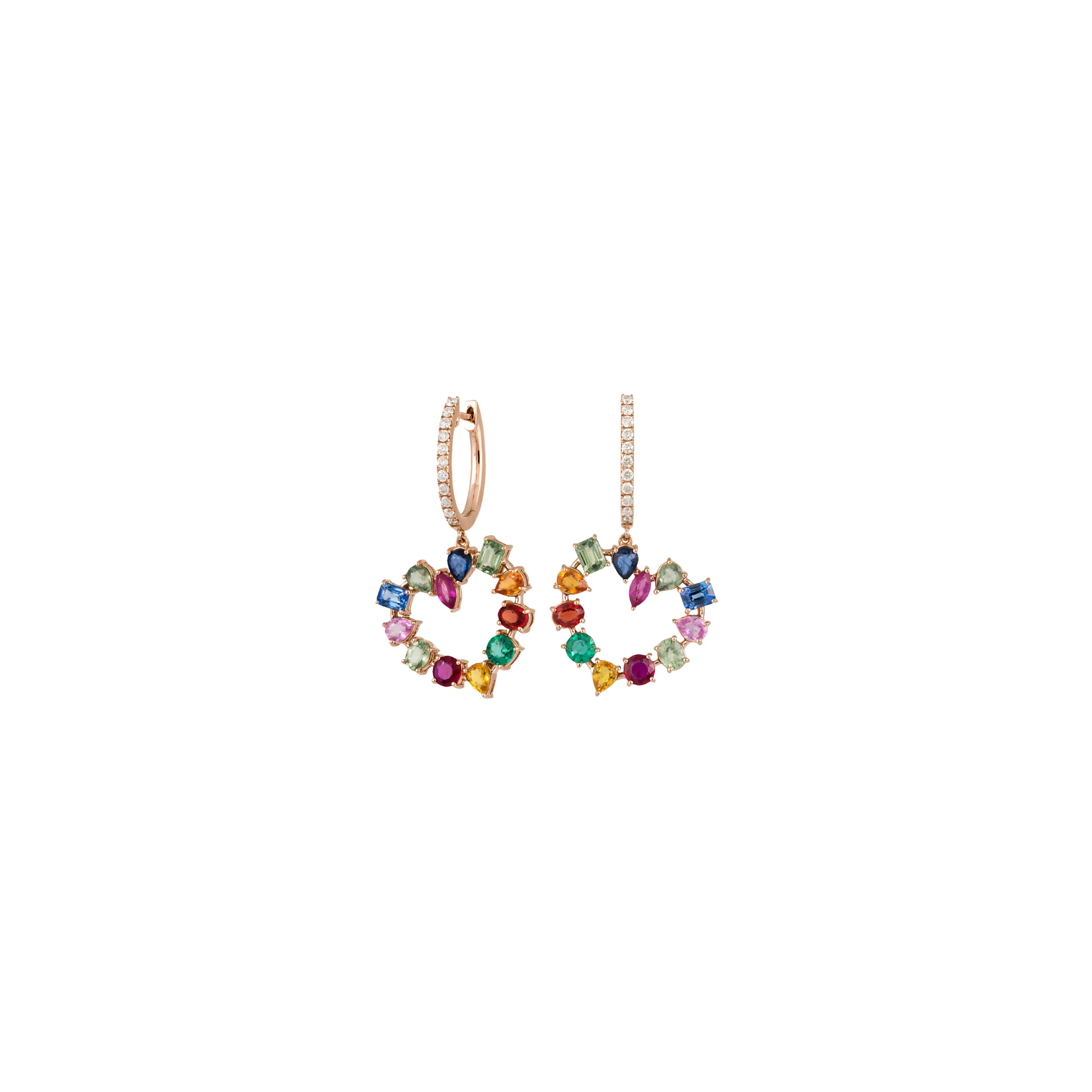 ORECCHINI  RAINBOW CON CUORE PENDENTE IN ORO ROSA CON DIAMANTI E ZAFFIRI MULTICOLOR - KE1355/MS