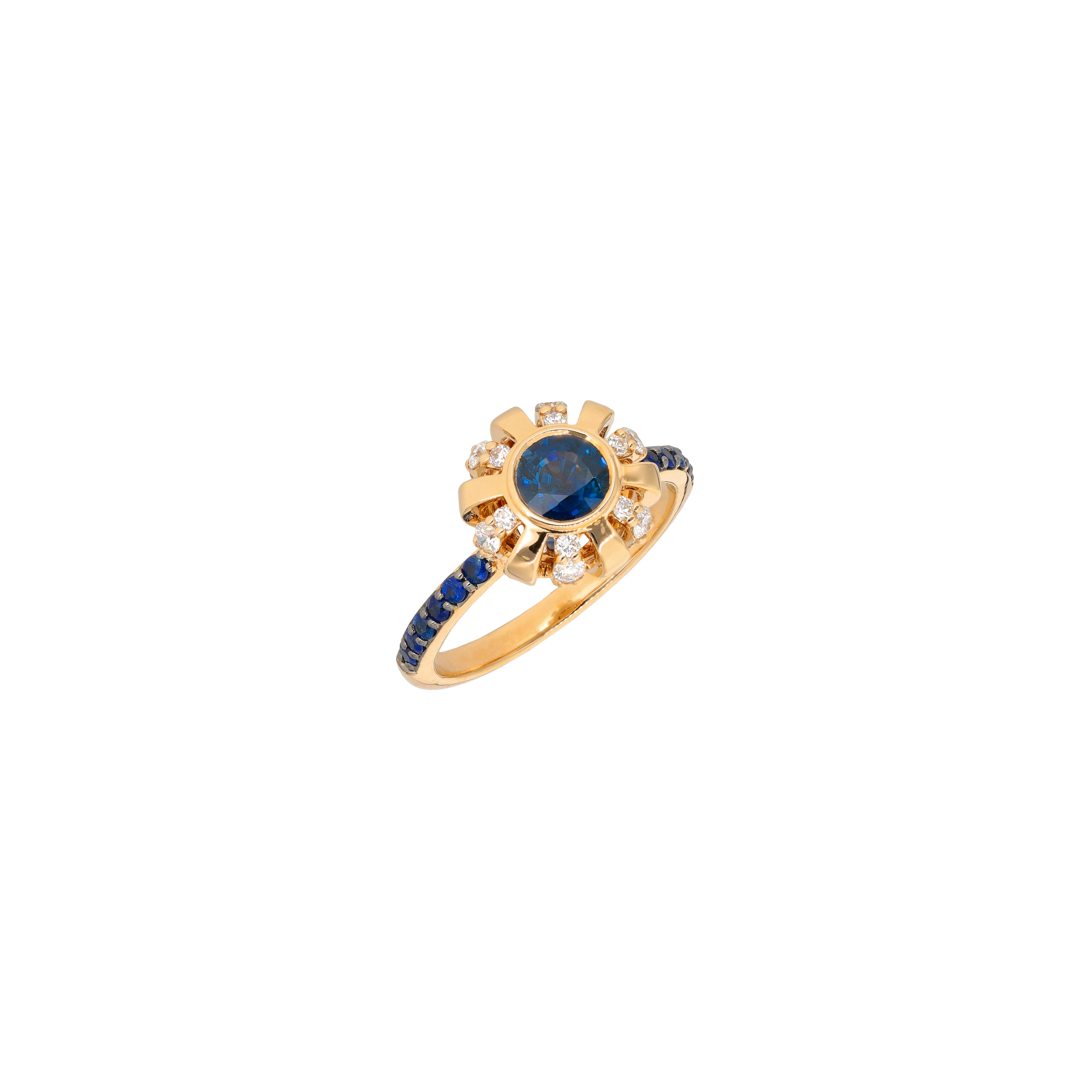 ANELLO CORONA IN ORO ROSA CON DIAMANTI E ZAFFIRI BLU - VR28849SBDP