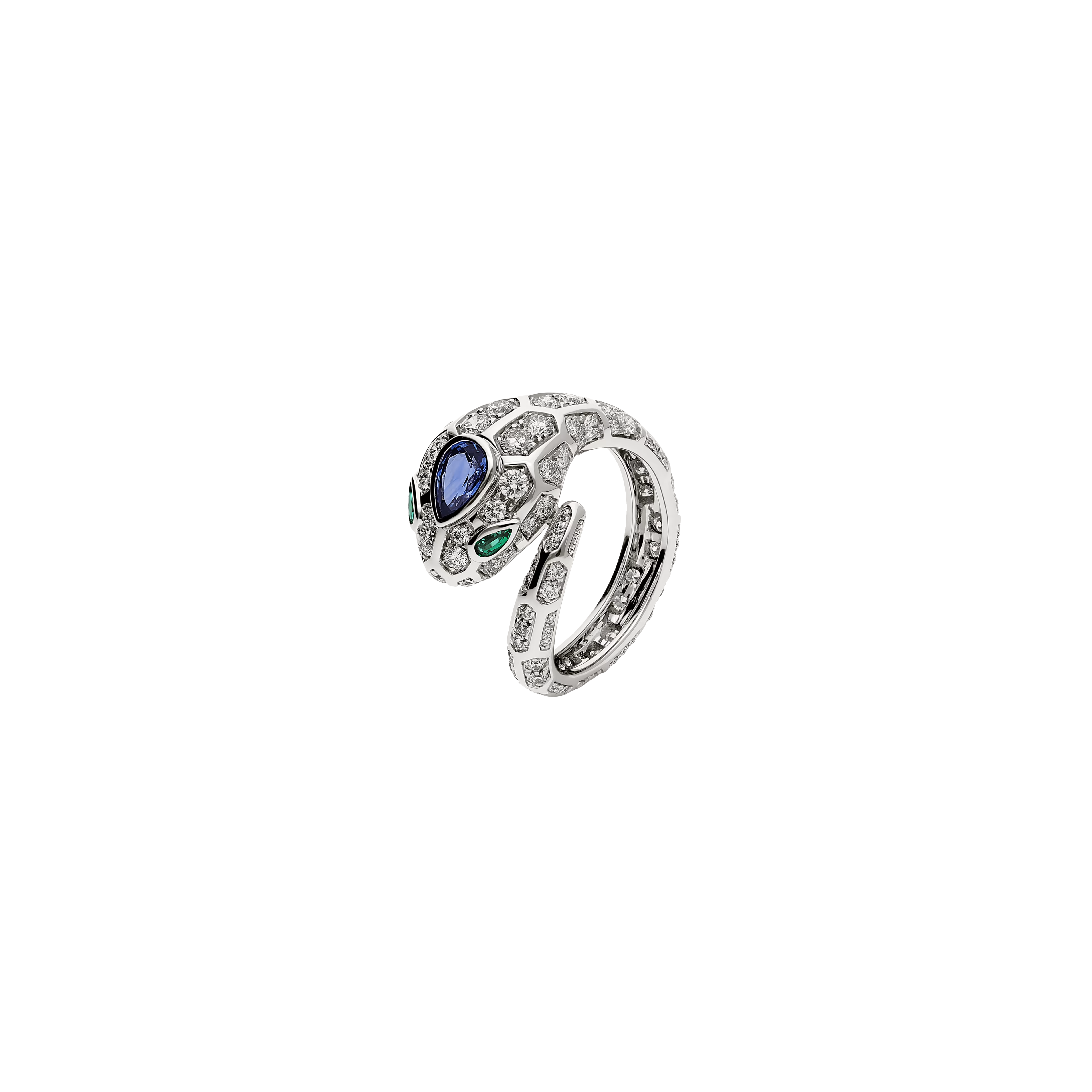 ANELLO SERPENTI IN ORO BIANCO CON ZAFFIRO BLU SULLA TESTA, OCCHI DI SMERALDO E PAVÉ DI DIAMANTI - AN858337 - AN858337