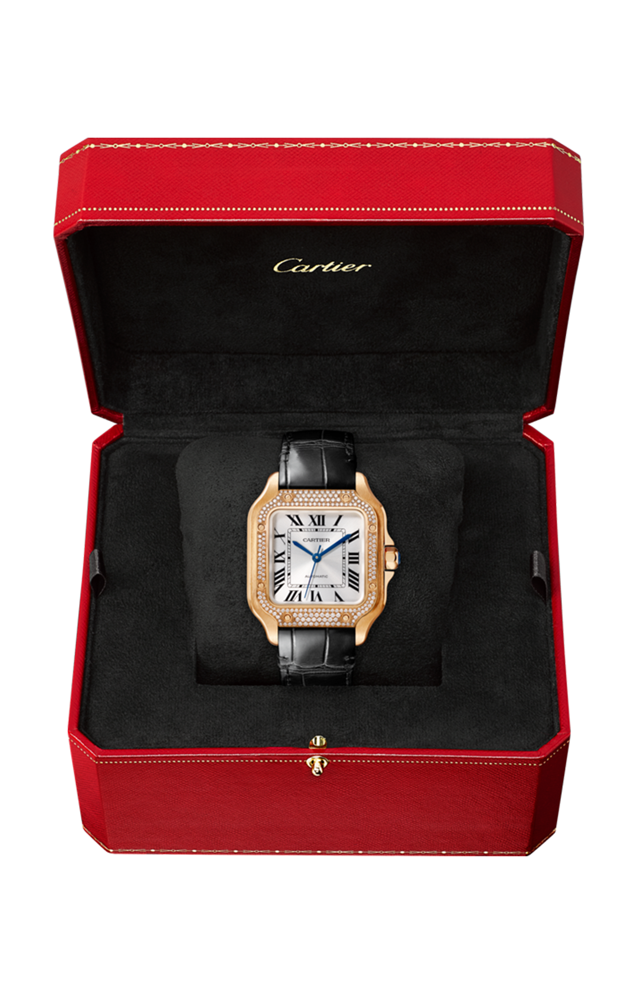 SANTOS DE CARTIER MODELLO MEDIO, AUTOMATICO, ORO ROSA E DIAMANTI, 2 CINTURINI INTERCAMBIABILI - WJSA0012