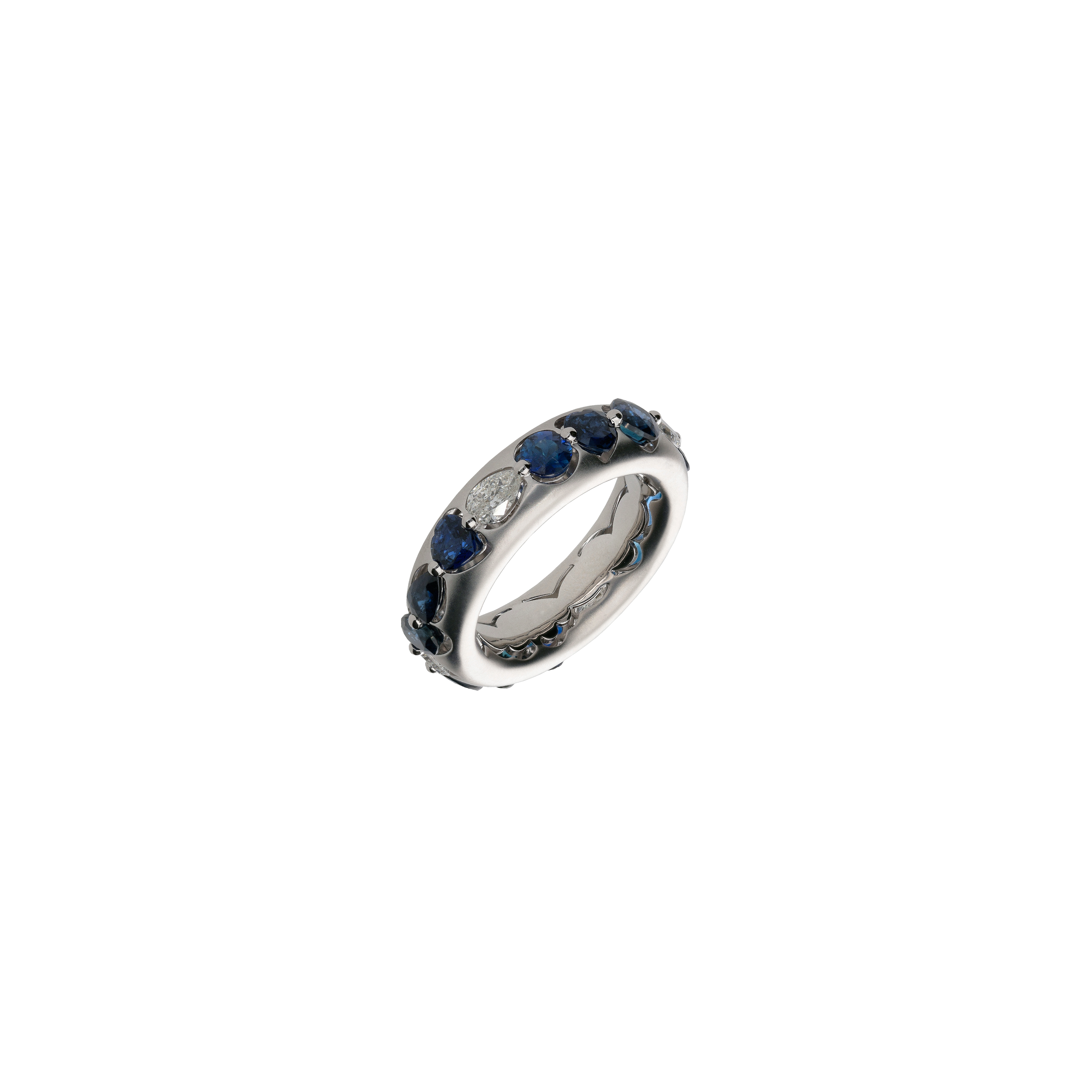 ANELLO IN ORO BIANCO SATINATO CON DIAMANTI E ZAFFIRI BLU - VRH03748SBDW