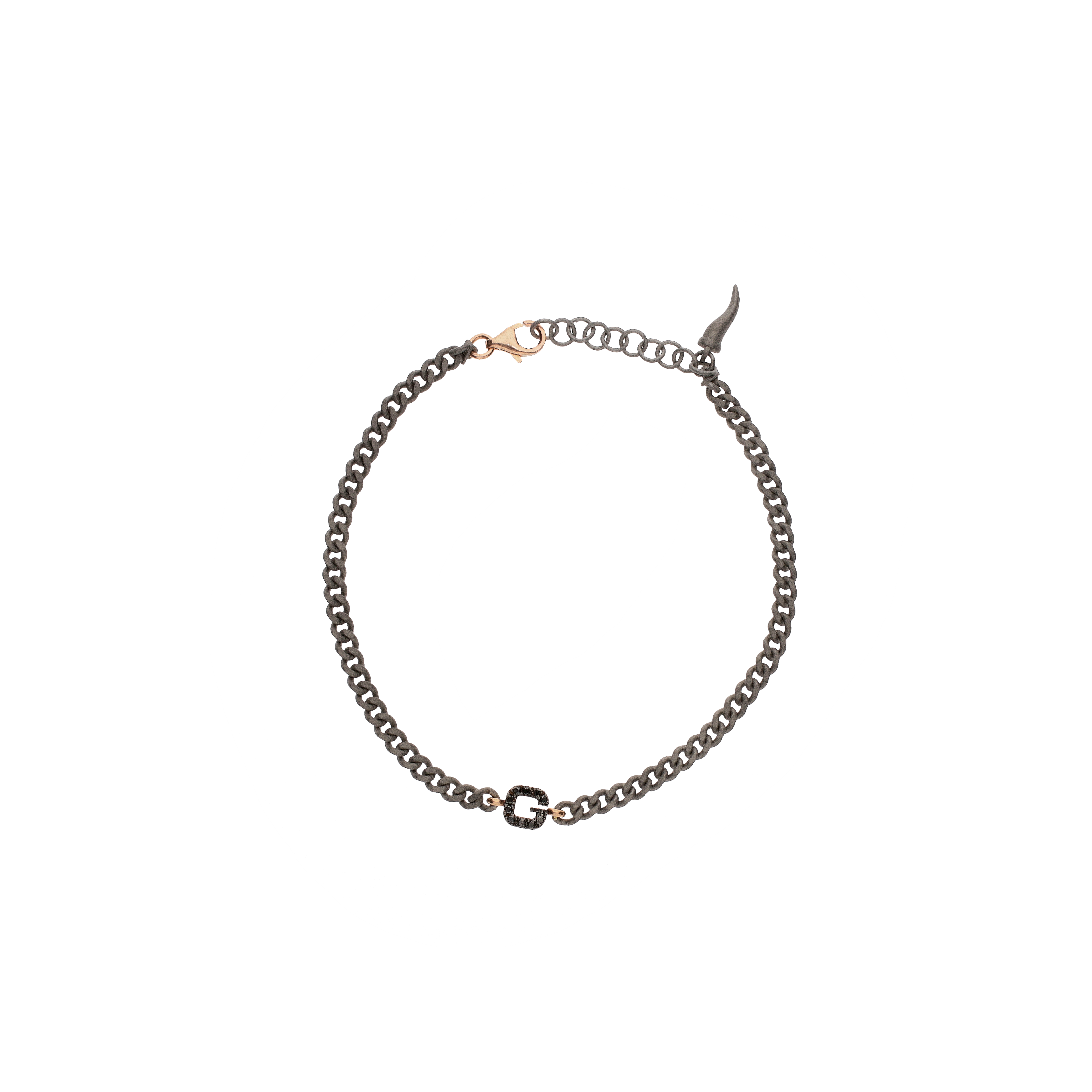 BRACCIALE CON CATENA GROUMETTE IN TITANIO, LETTERA G IN ORO ROSA E DIAMANTI NERI - KATBRRGBBGROUM_G - KATBRRGBBGROUM_G