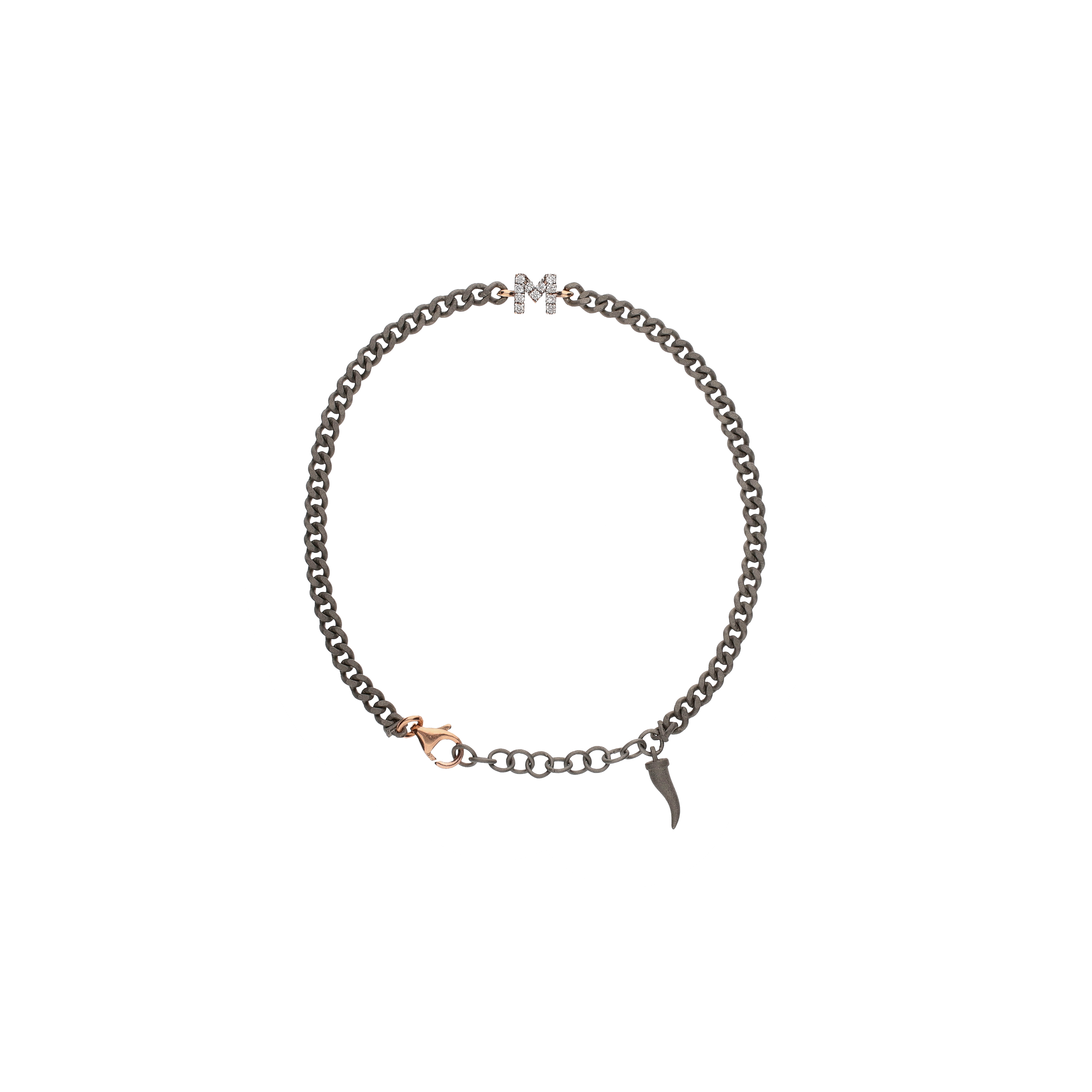 BRACCIALE CON CATENA GROUMETTE IN TITANIO, LETTERA M IN ORO ROSA E DIAMANTI  BIANCHI - KATBRRGWBGROUM_M - KATBRRGWBGROUM_M