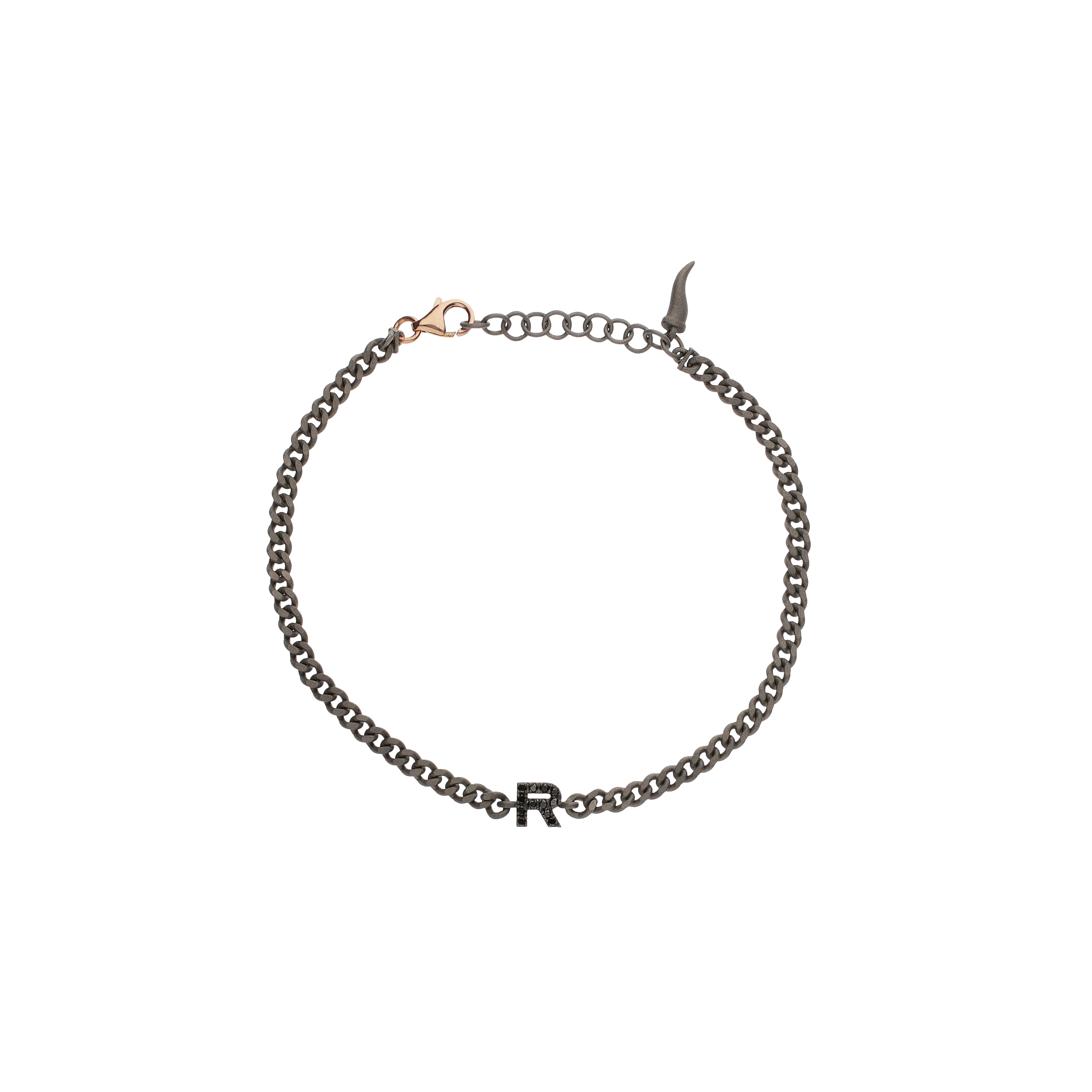 BRACCIALE CON CATENA GROUMETTE IN TITANIO, LETTERA R IN ORO ROSA E DIAMANTI  NERI - KATBRTGROUM_R - KATBRTGROUM_R