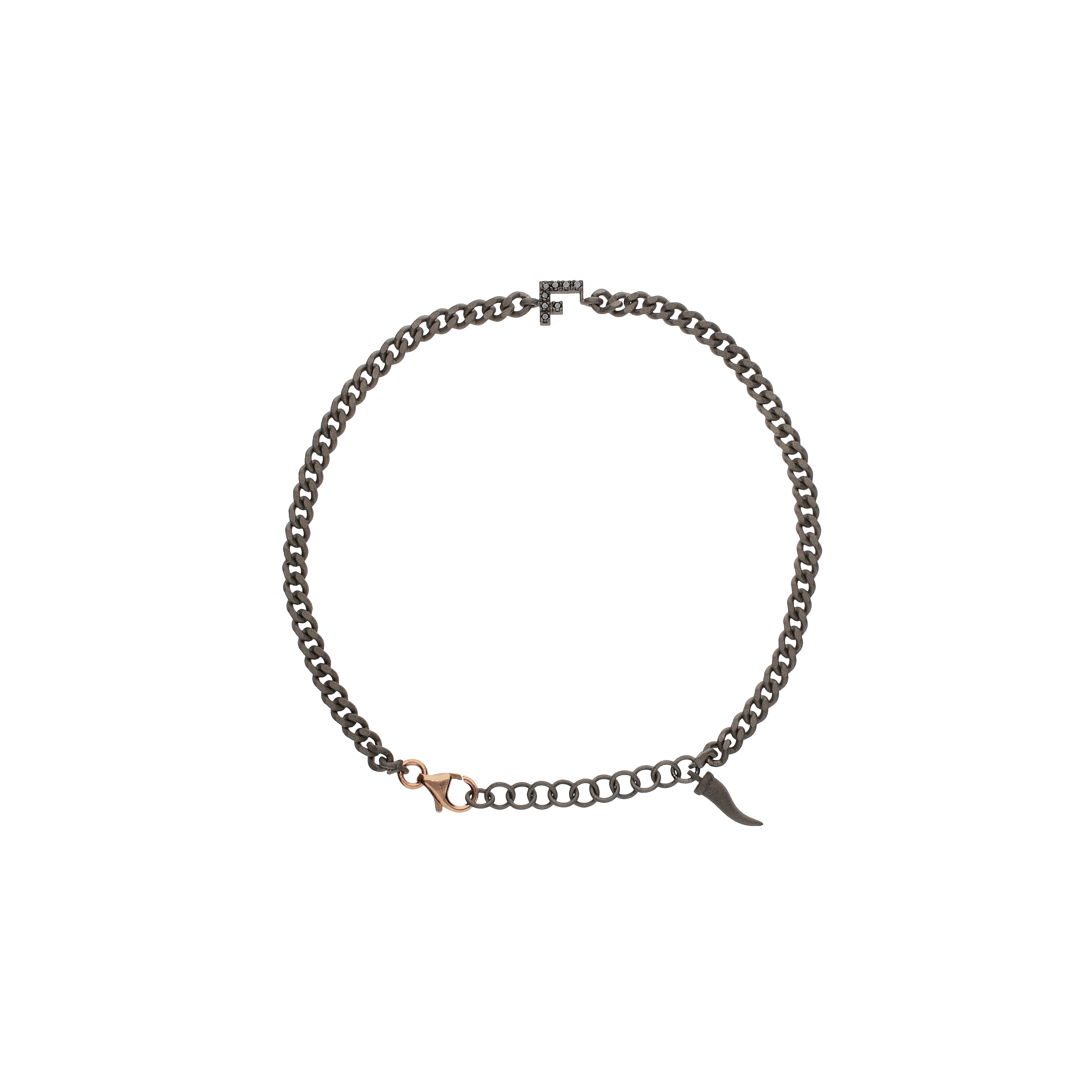 BRACCIALE CON CATENA GROUMETTE IN TITANIO, LETTERA F IN ORO ROSA E DIAMANTI NERI - KATBRTGROUM_F - KATBRTGROUM_F