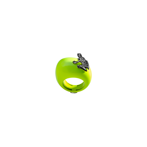 ANELLO HAPPY FROG CON RANA IN ORO NERO E DIAMANTI NERI SU BASE GRANDE GIALLO FLUO - DHF08ANFGNNDN - DHF08ANFGNNDN