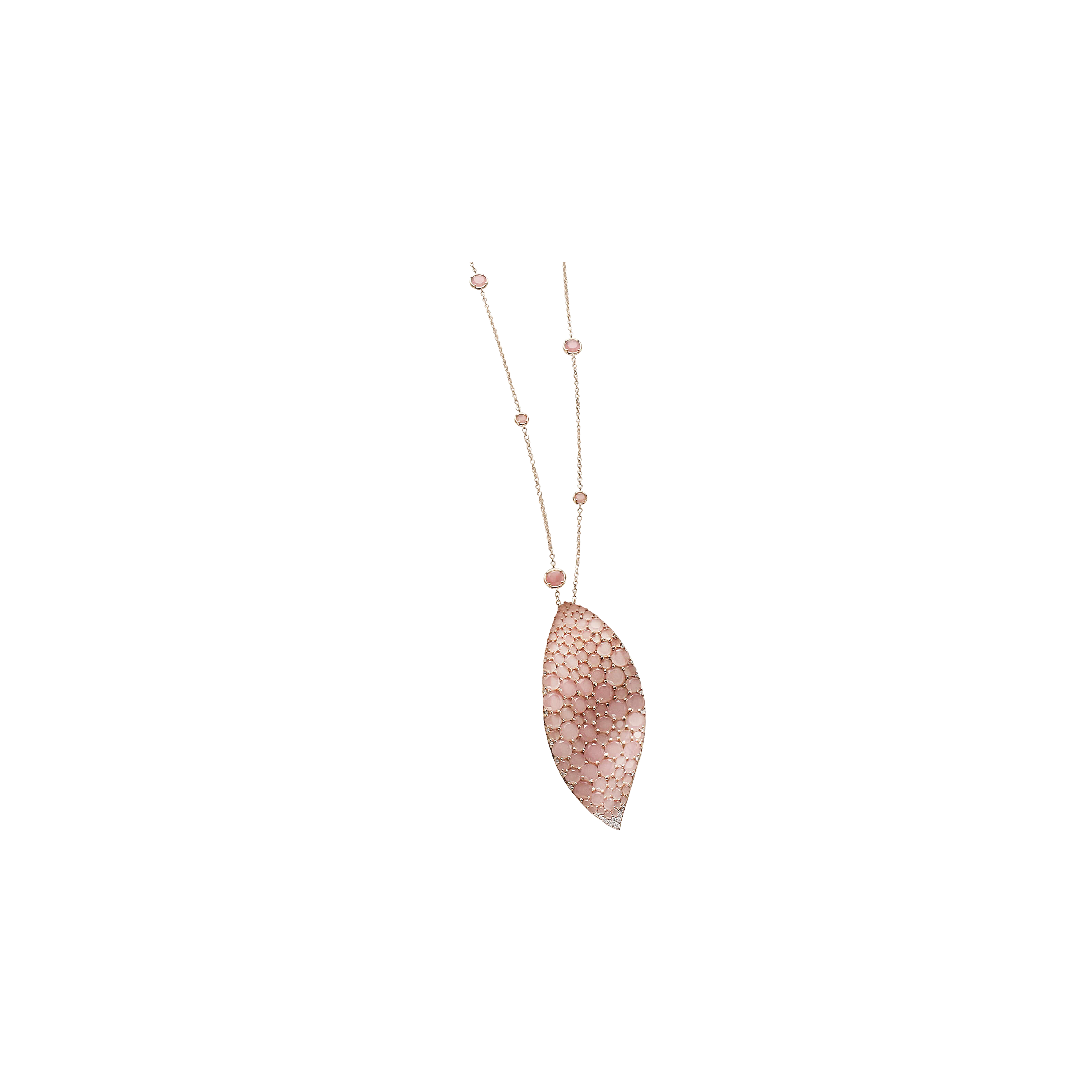 COLLANA LAKSHMI IN ORO ROSA CON CALCEDONIO ROSA, DIAMANTI E RUBINO NEL MOSCHETTONE MODELLO GRANDE - 15824R - 15824R